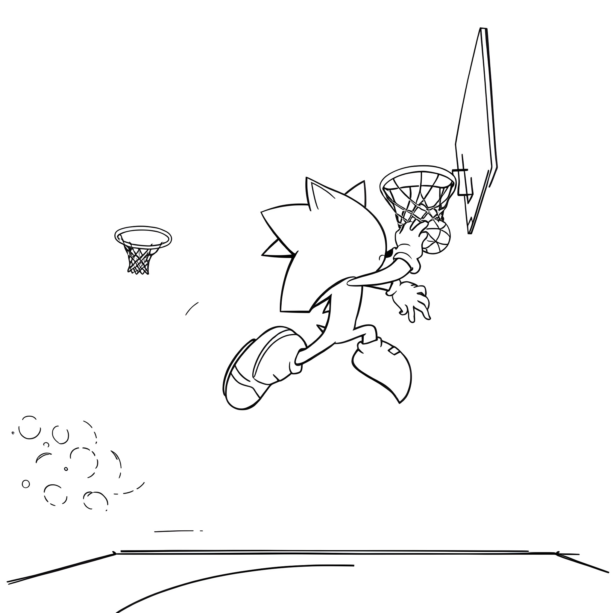 Sonic dunking a basketball with excitement Coloring Page (free black-and-white line drawing printable PDF for all, from beginners to advanced learners, including children, teens, adults, and seniors)
