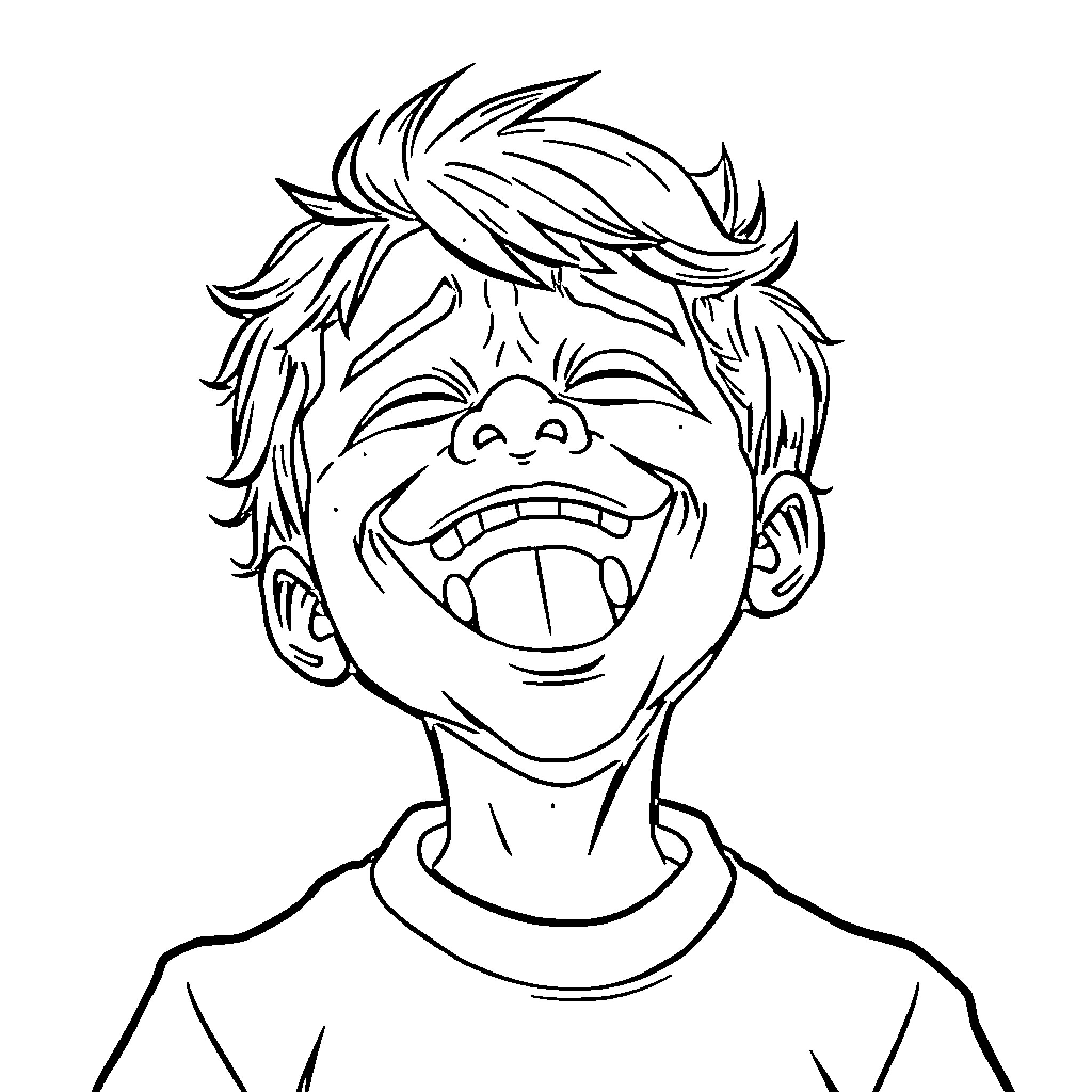 Meme Kid with a Wide Grin and Disheveled Hair Coloring Page (free black-and-white line drawing printable PDF for all, from beginners to advanced learners, including children, teens, adults, and seniors)