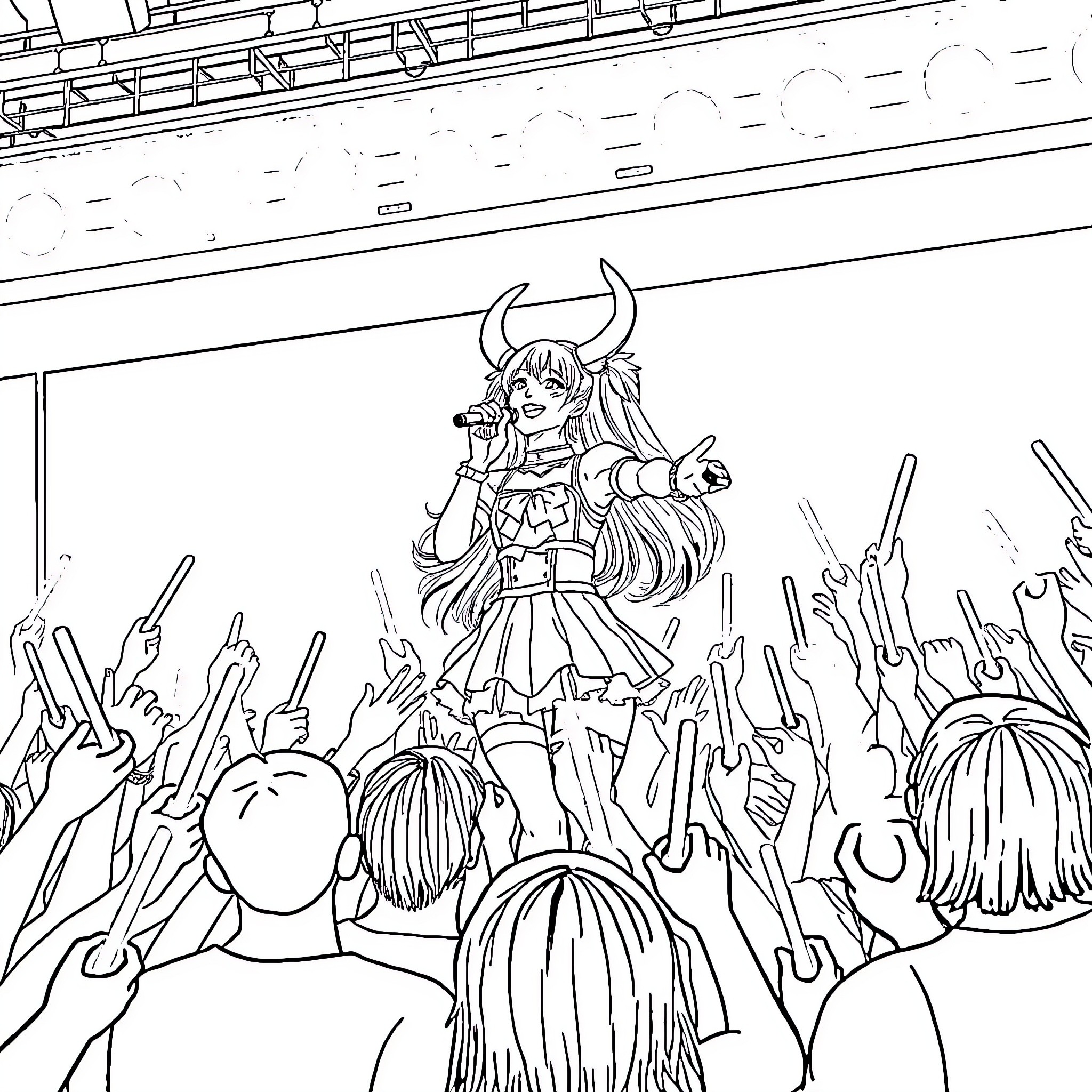 Kpop Demon Hunter performing on stage with adoring fans Coloring Page (free black-and-white line drawing printable PDF for all, from beginners to advanced learners, including children, teens, adults, and seniors)