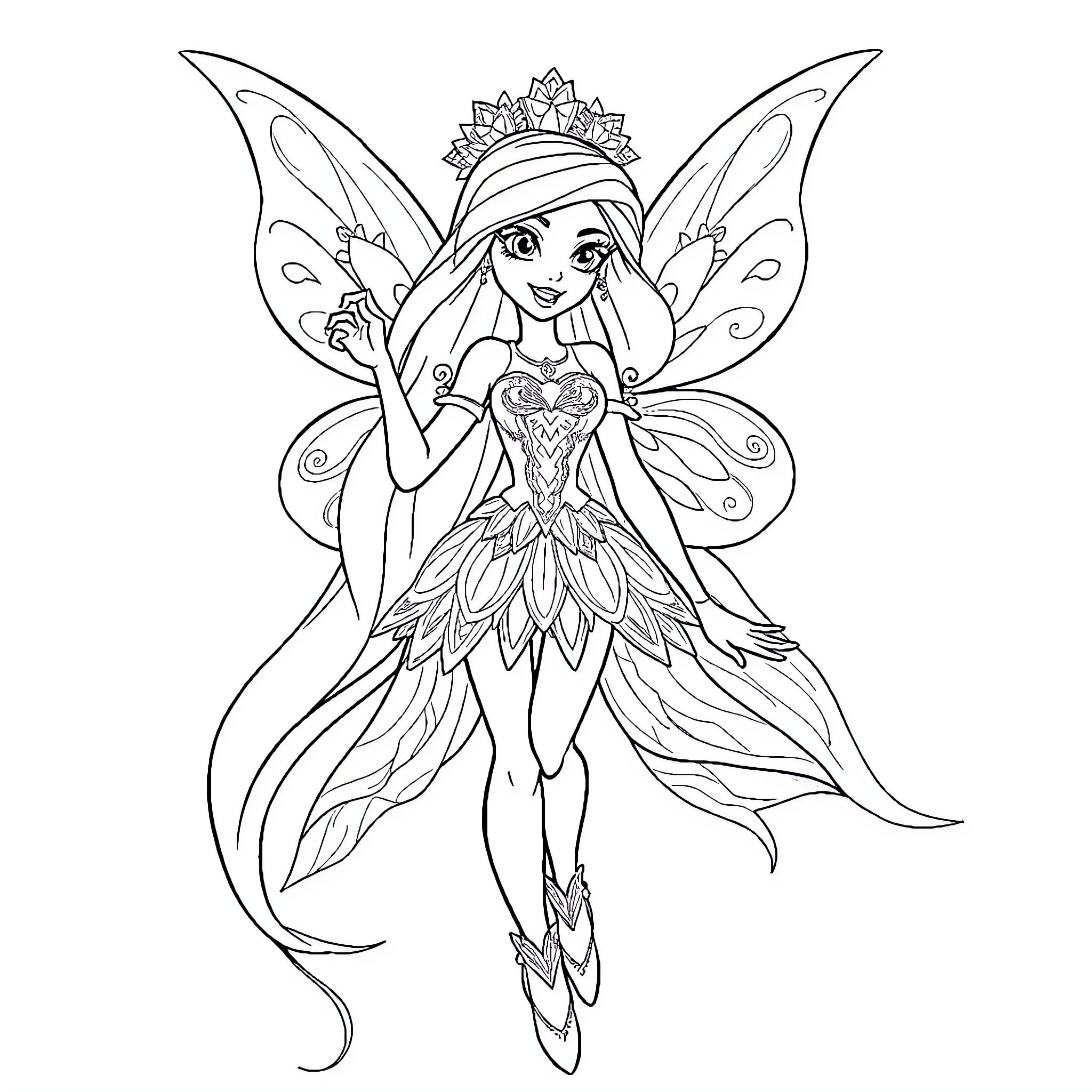 Bloom of Fairytale Enchantment Coloring Page (free black-and-white line drawing printable PDF for all, from beginners to advanced learners, including children, teens, adults, and seniors)