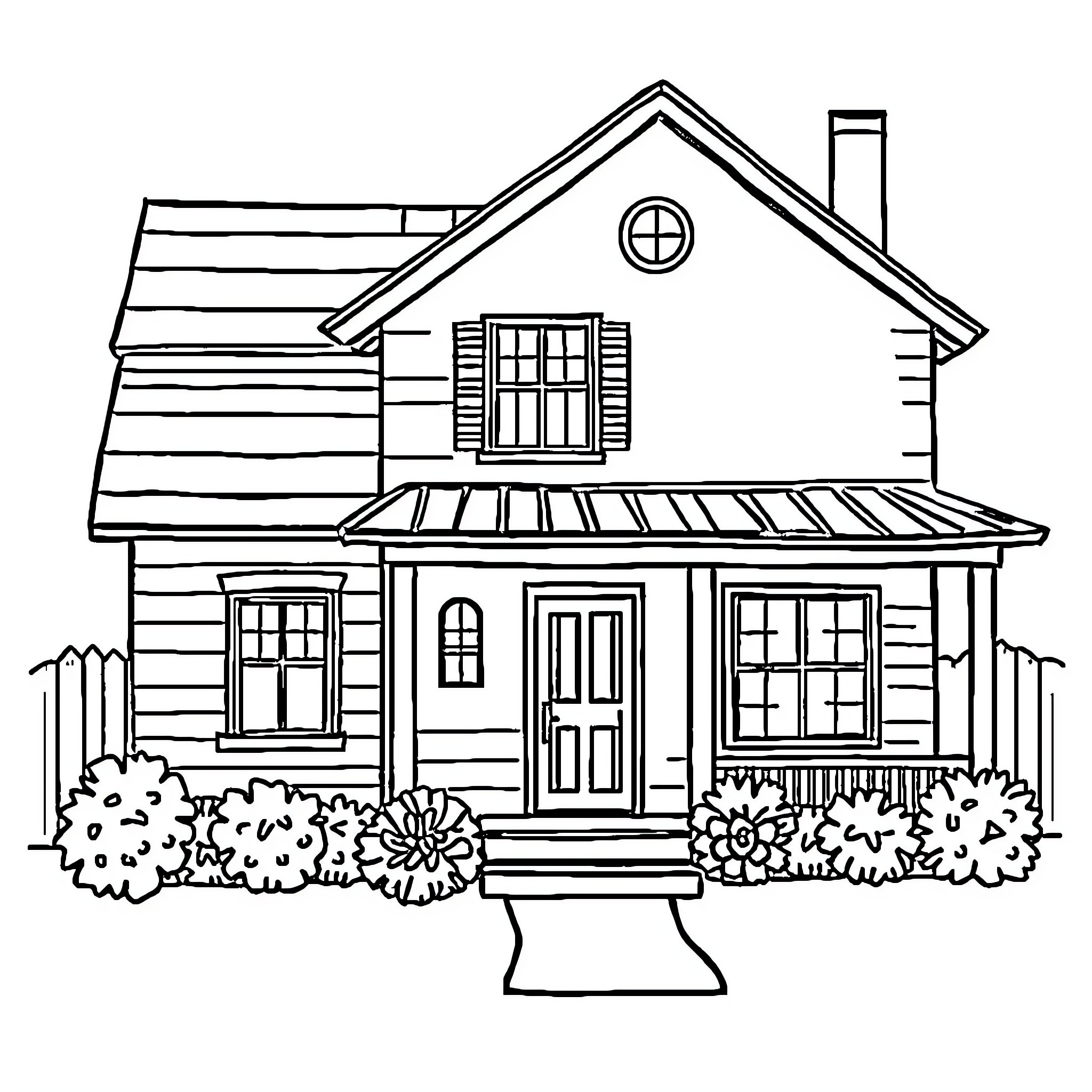 House with Charming Architectural Details Coloring Page (free black-and-white line drawing printable PDF for all, from beginners to advanced learners, including children, teens, adults, and seniors)