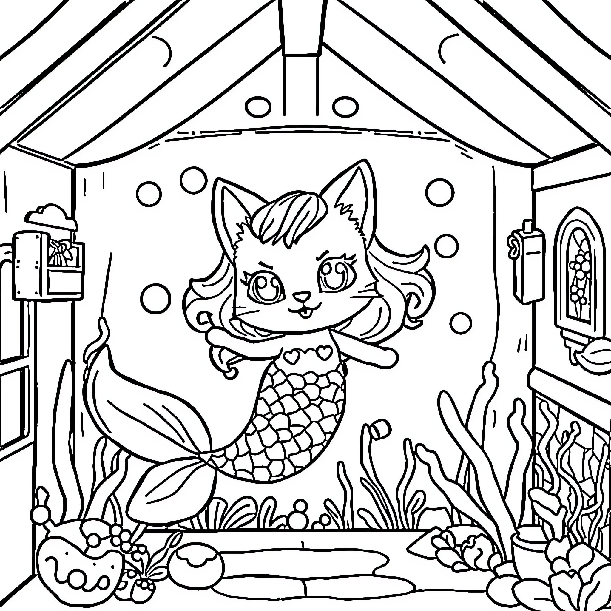 Mermaid playing happily in her underwater home Coloring Page (free black-and-white line drawing printable PDF for all, from beginners to advanced learners, including children, teens, adults, and seniors)