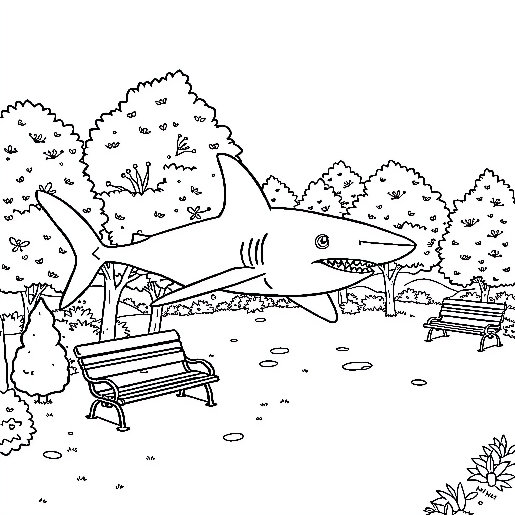 Shark swimming peacefully in a natural park setting Coloring Page (free black-and-white line drawing printable PDF for all, from beginners to advanced learners, including children, teens, adults, and seniors)