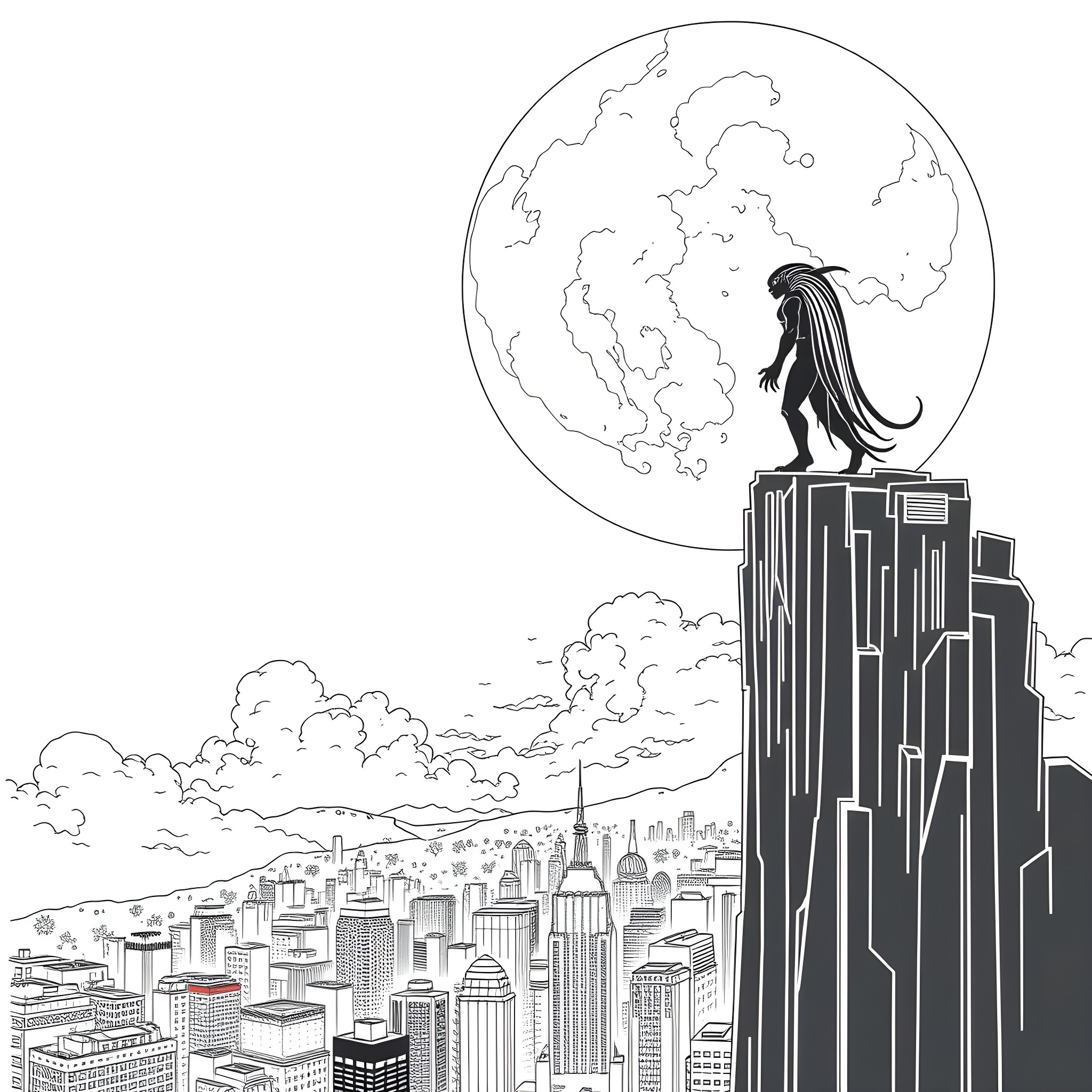 Yautja Warrior Overlooking the City Skyline Coloring Page (free black-and-white line drawing printable PDF for all, from beginners to advanced learners, including children, teens, adults, and seniors)