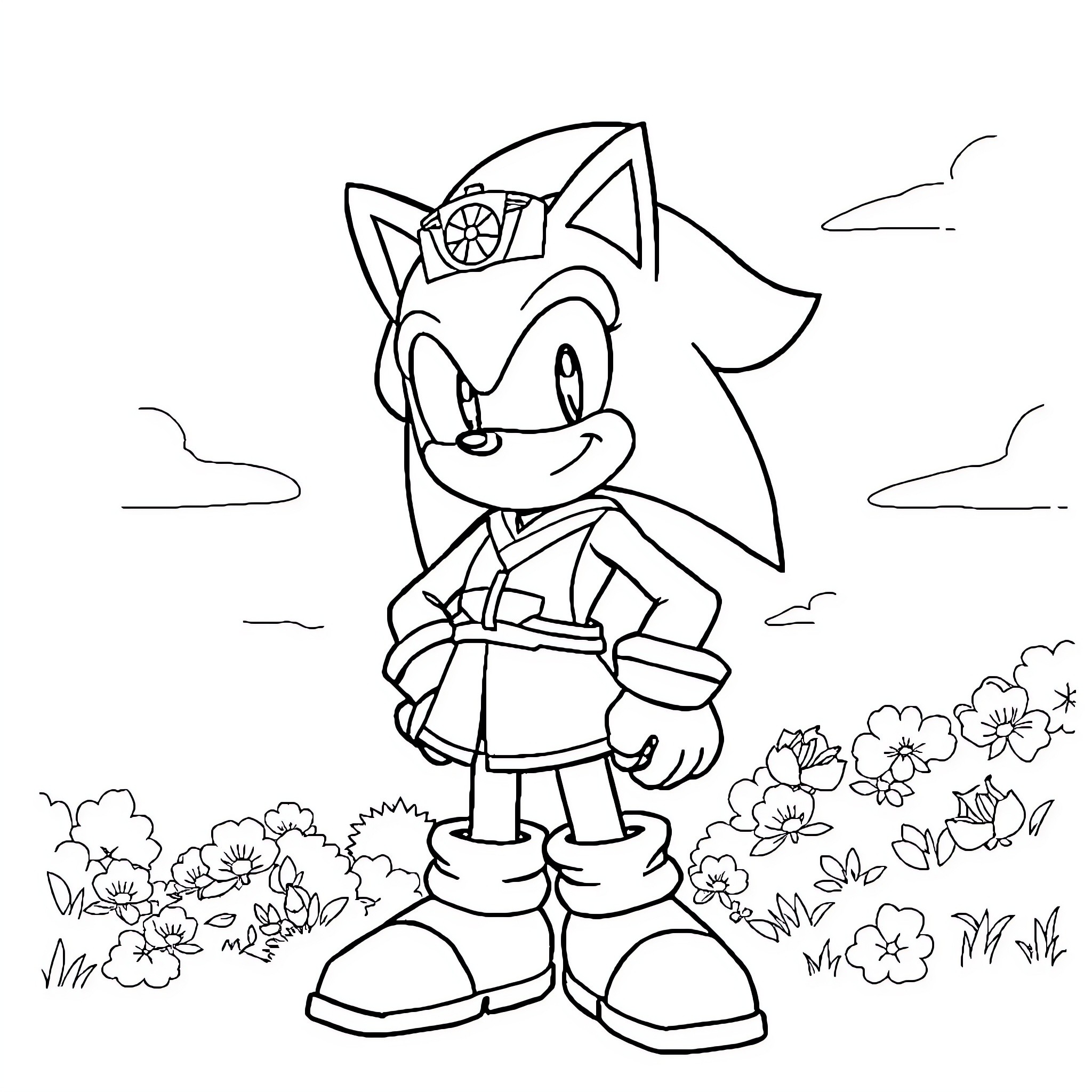 Sonic in a Floral Adventure Coloring Page (free black-and-white line drawing printable PDF for all, from beginners to advanced learners, including children, teens, adults, and seniors)