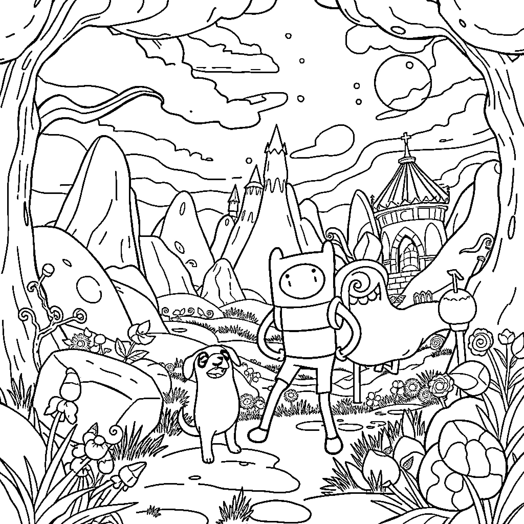 Adventure Time Exploring Enchanted Whimsical World Coloring Page (free black-and-white line drawing printable PDF for all, from beginners to advanced learners, including children, teens, adults, and seniors)
