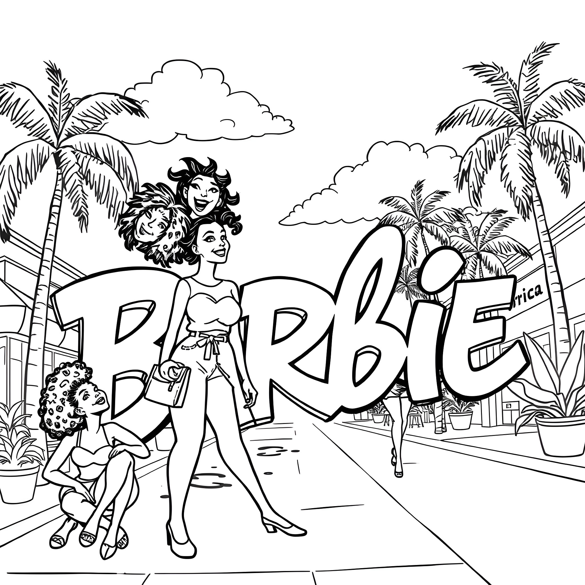 Barbie and friends enjoying a fun day at the beach Coloring Page (free black-and-white line drawing printable PDF for all, from beginners to advanced learners, including children, teens, adults, and seniors)