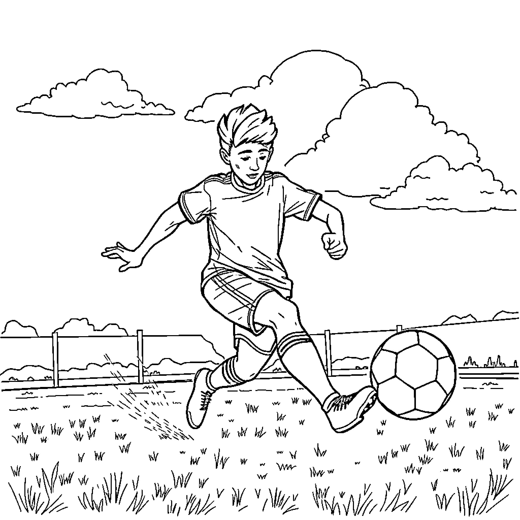 Cappuccino playing soccer in the park Coloring Page (free black-and-white line drawing printable PDF for all, from beginners to advanced learners, including children, teens, adults, and seniors)