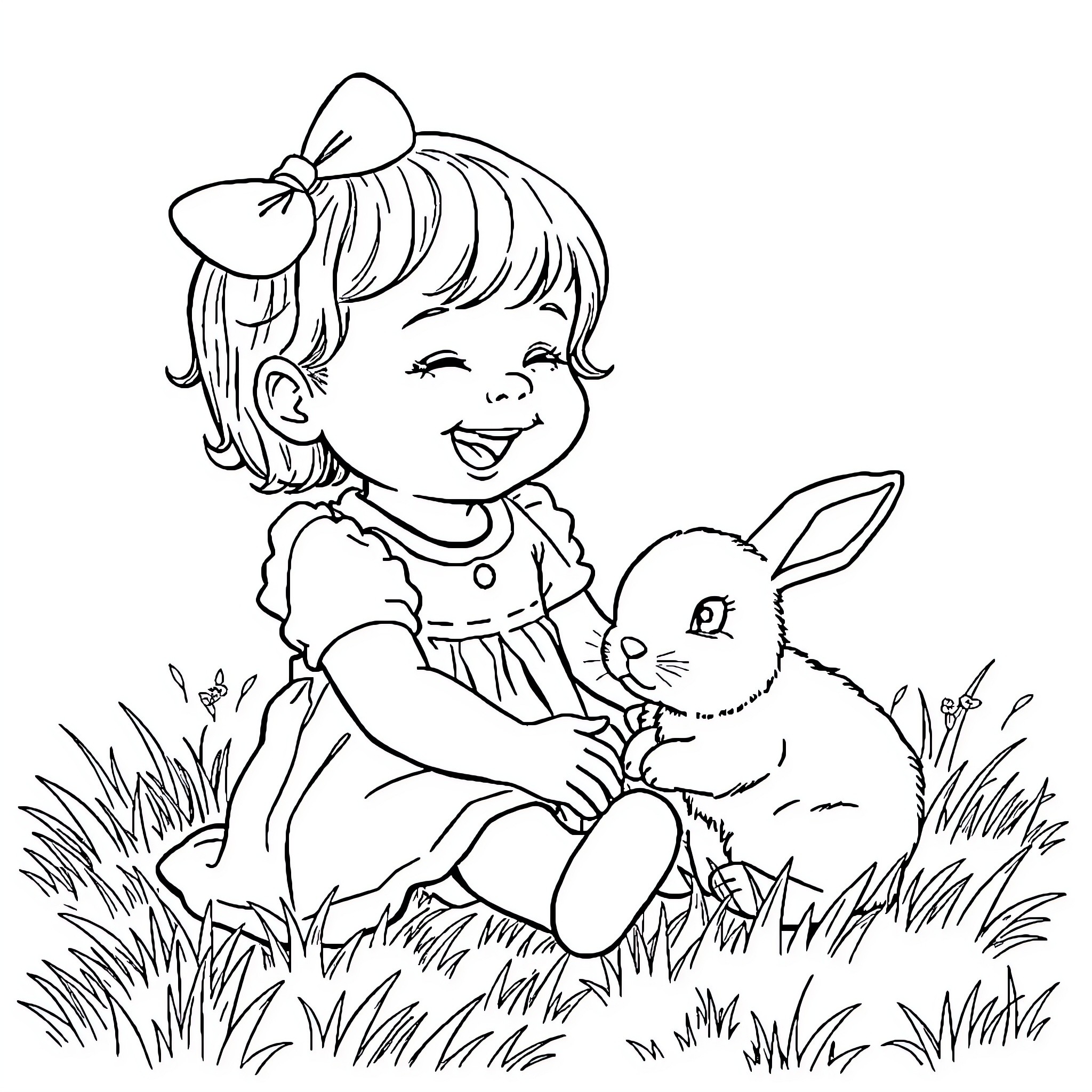 Baby Girl Plays Joyfully with Adorable Bunny Coloring Page (free black-and-white line drawing printable PDF for all, from beginners to advanced learners, including children, teens, adults, and seniors)