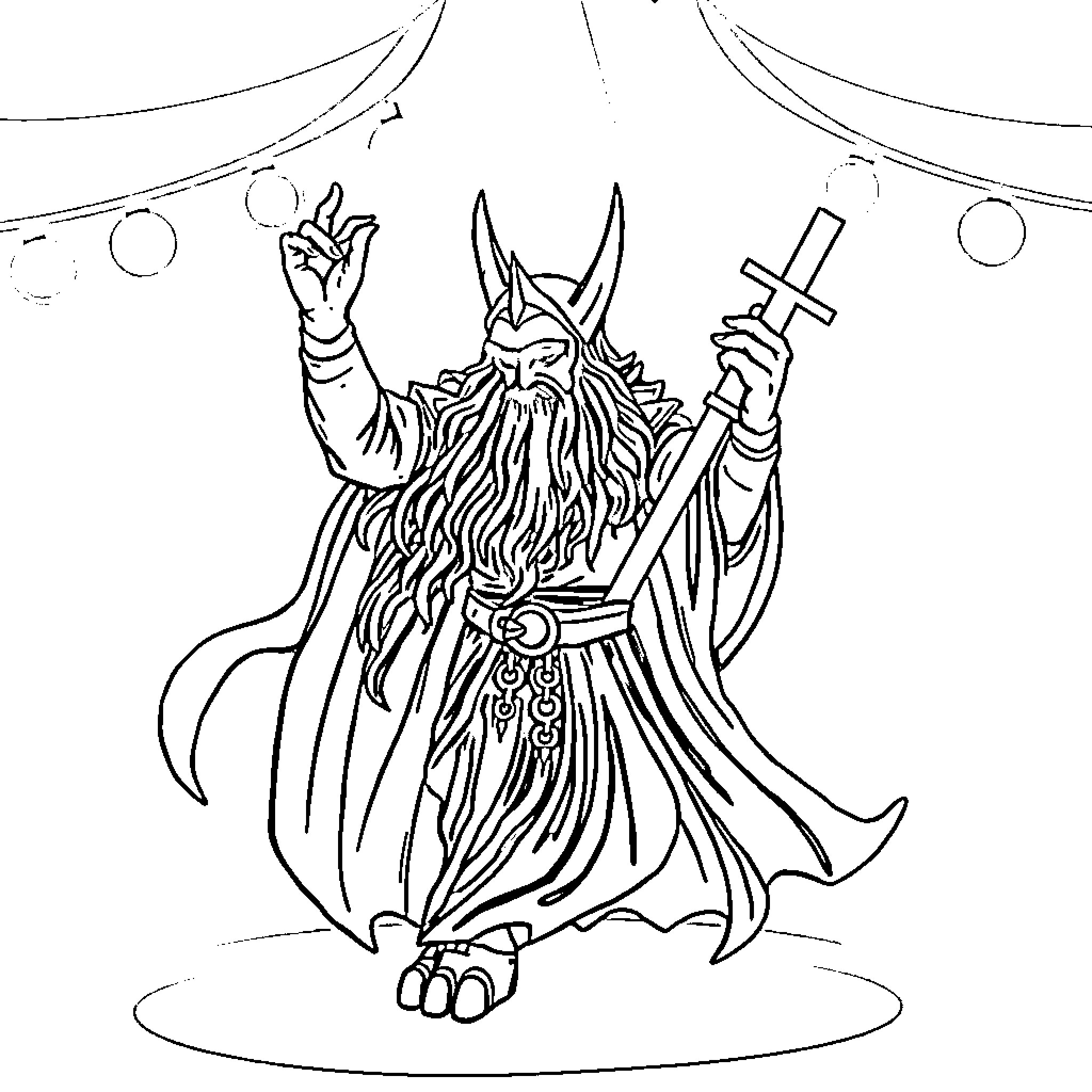 Sauron the Dark Lord wields his power in an ominous ritual Coloring Page (free black-and-white line drawing printable PDF for all, from beginners to advanced learners, including children, teens, adults, and seniors)