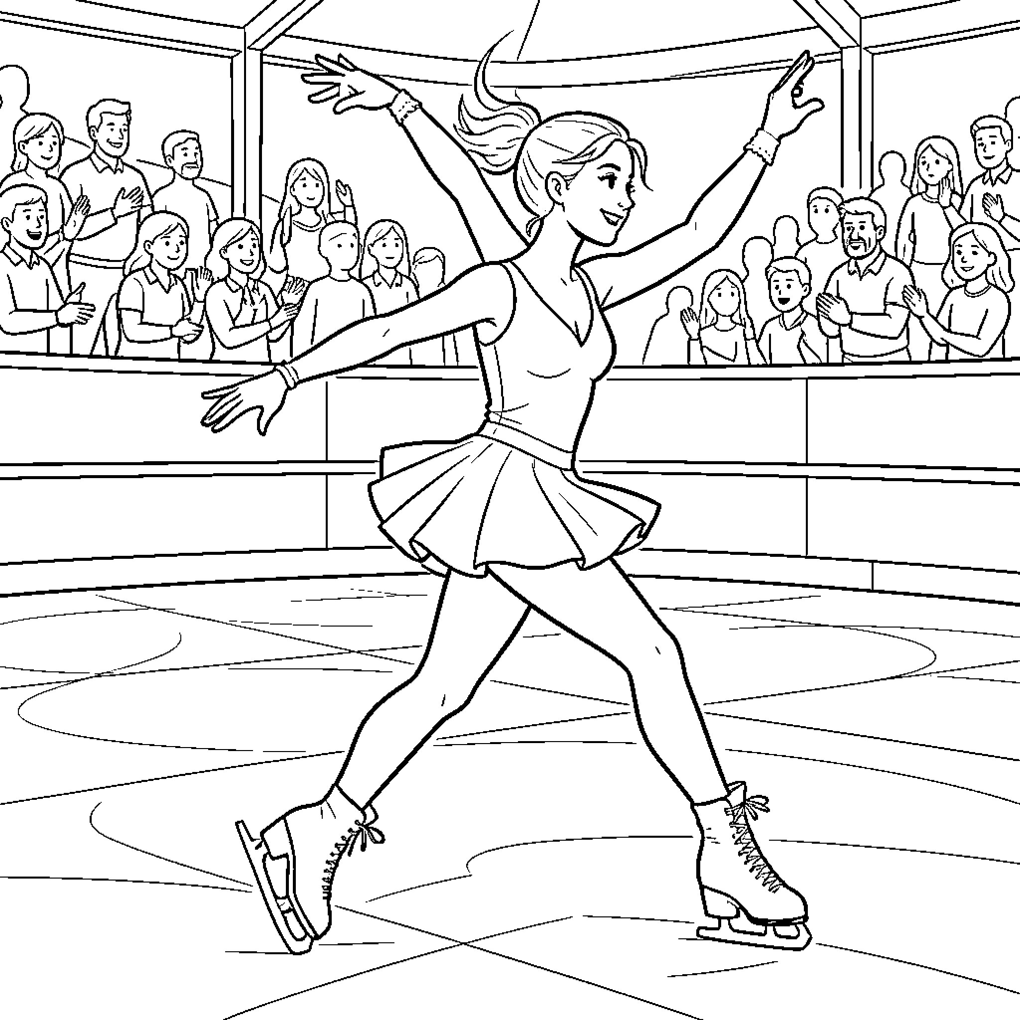 Figure Skater performing a graceful routine on ice Coloring Page (free black-and-white line drawing printable PDF for all, from beginners to advanced learners, including children, teens, adults, and seniors)
