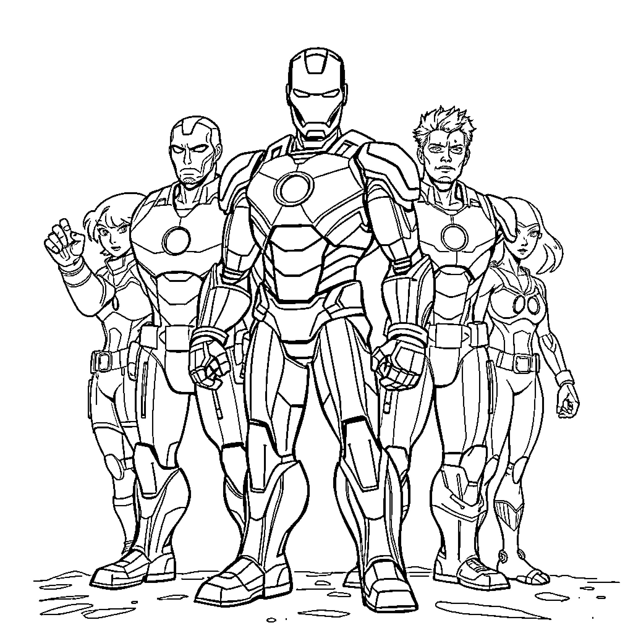 Ironman and his superhero team in action poses Coloring Page (free black-and-white line drawing printable PDF for all, from beginners to advanced learners, including children, teens, adults, and seniors)