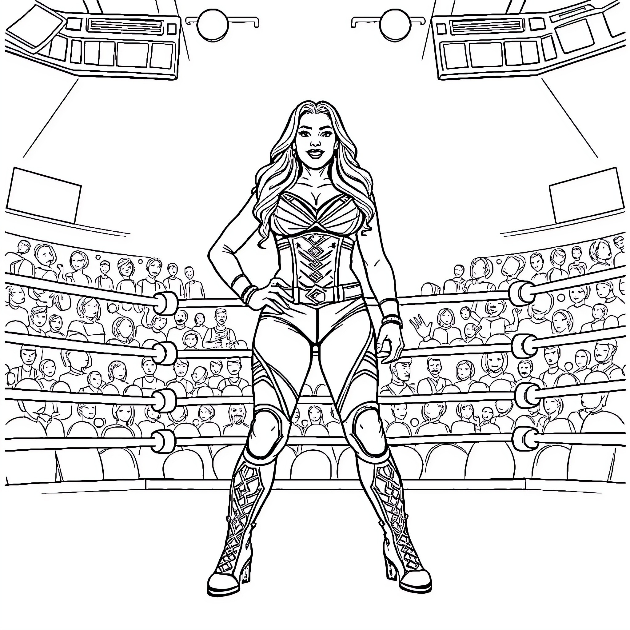 Tiffany Stratton's Energetic Performance in the Ring Coloring Page (free black-and-white line drawing printable PDF for all, from beginners to advanced learners, including children, teens, adults, and seniors)