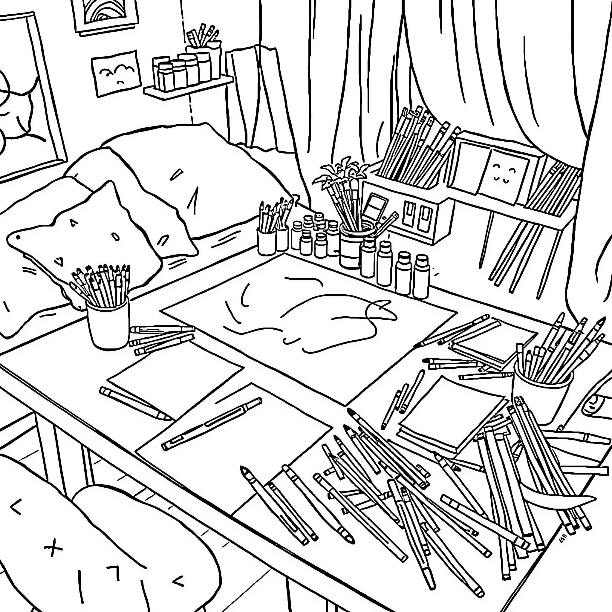 Art Table with Various Supplies and Tools Coloring Page (free black-and-white line drawing printable PDF for all, from beginners to advanced learners, including children, teens, adults, and seniors)