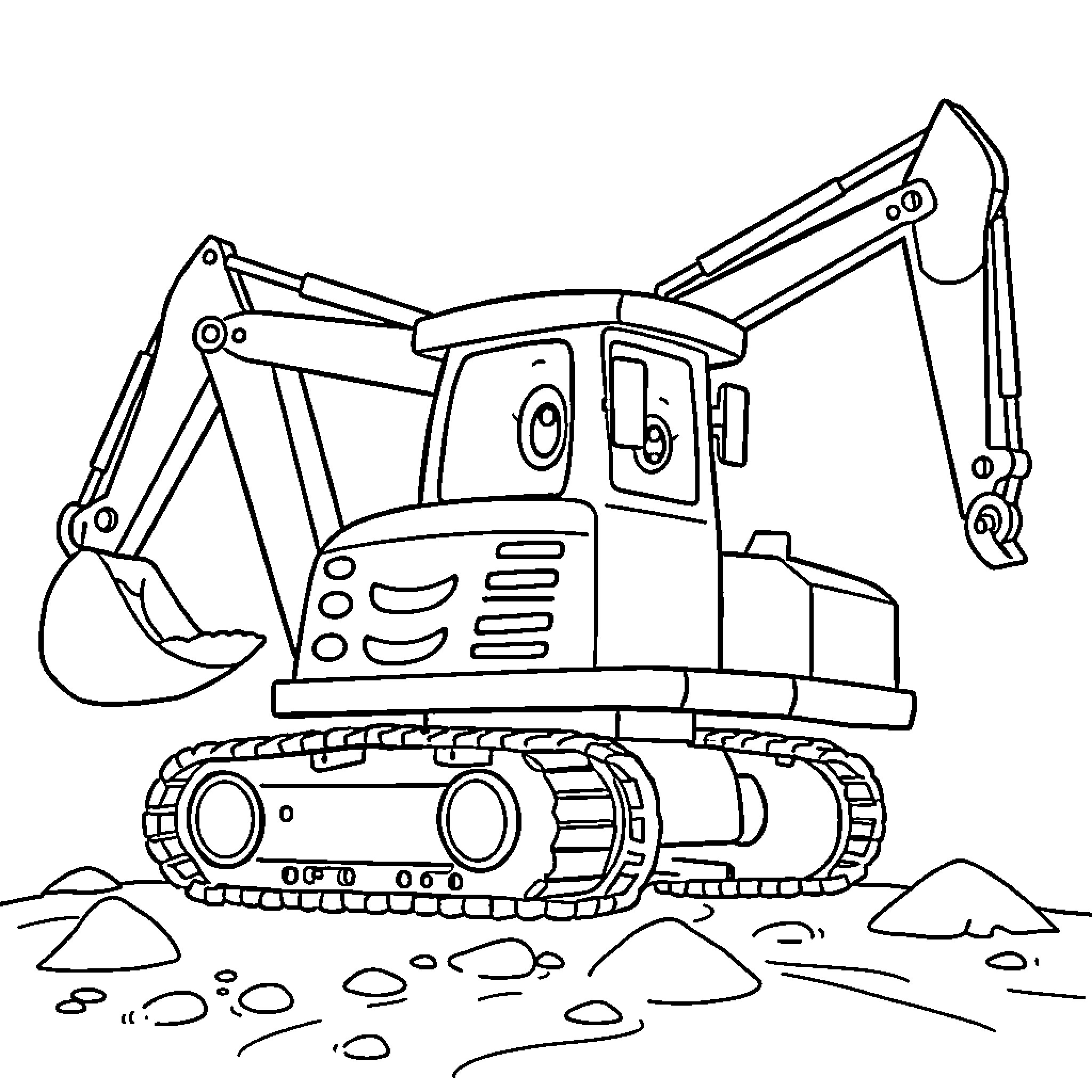 Excavator digging on construction site Coloring Page (free black-and-white line drawing printable PDF for all, from beginners to advanced learners, including children, teens, adults, and seniors)