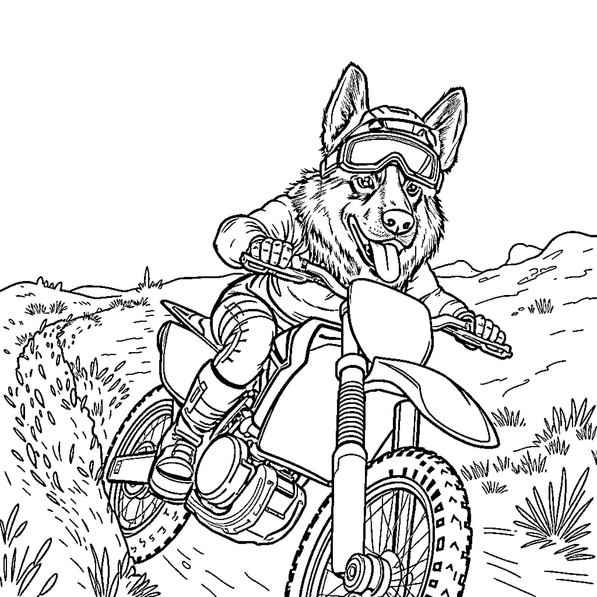 German Shepherd riding an off-road motorcycle in nature Coloring Page (free black-and-white line drawing printable PDF for all, from beginners to advanced learners, including children, teens, adults, and seniors)