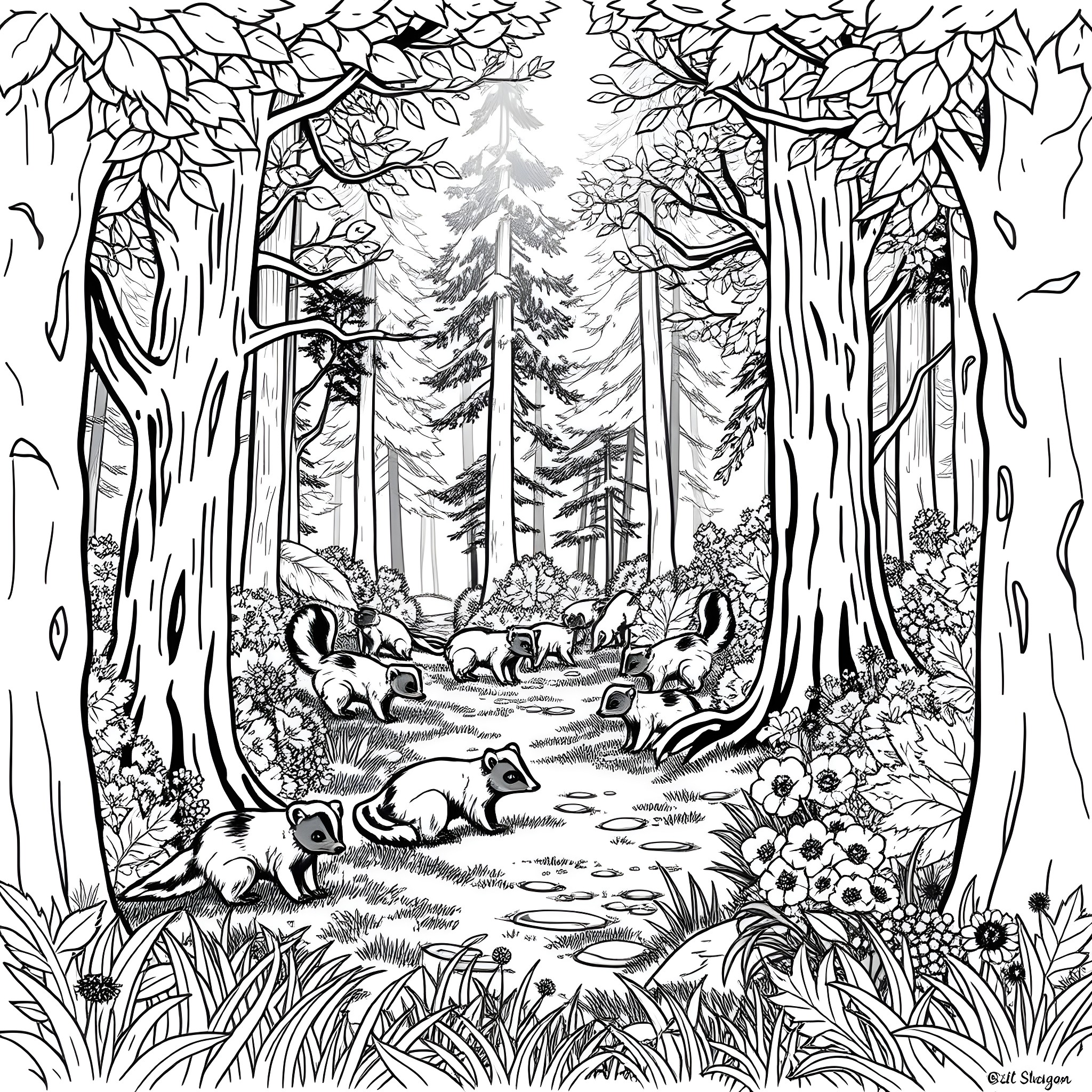 Skunk family exploring the tranquil forest Coloring Page (free black-and-white line drawing printable PDF for all, from beginners to advanced learners, including children, teens, adults, and seniors)
