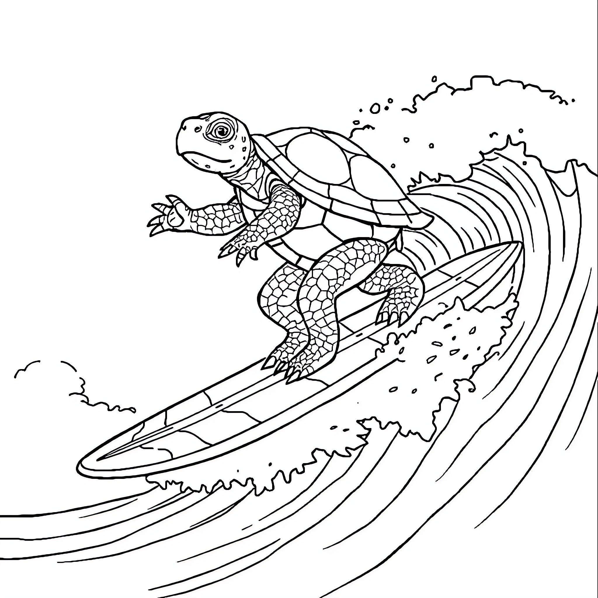 Turtle surfing the waves with skill Coloring Page (free black-and-white line drawing printable PDF for all, from beginners to advanced learners, including children, teens, adults, and seniors)