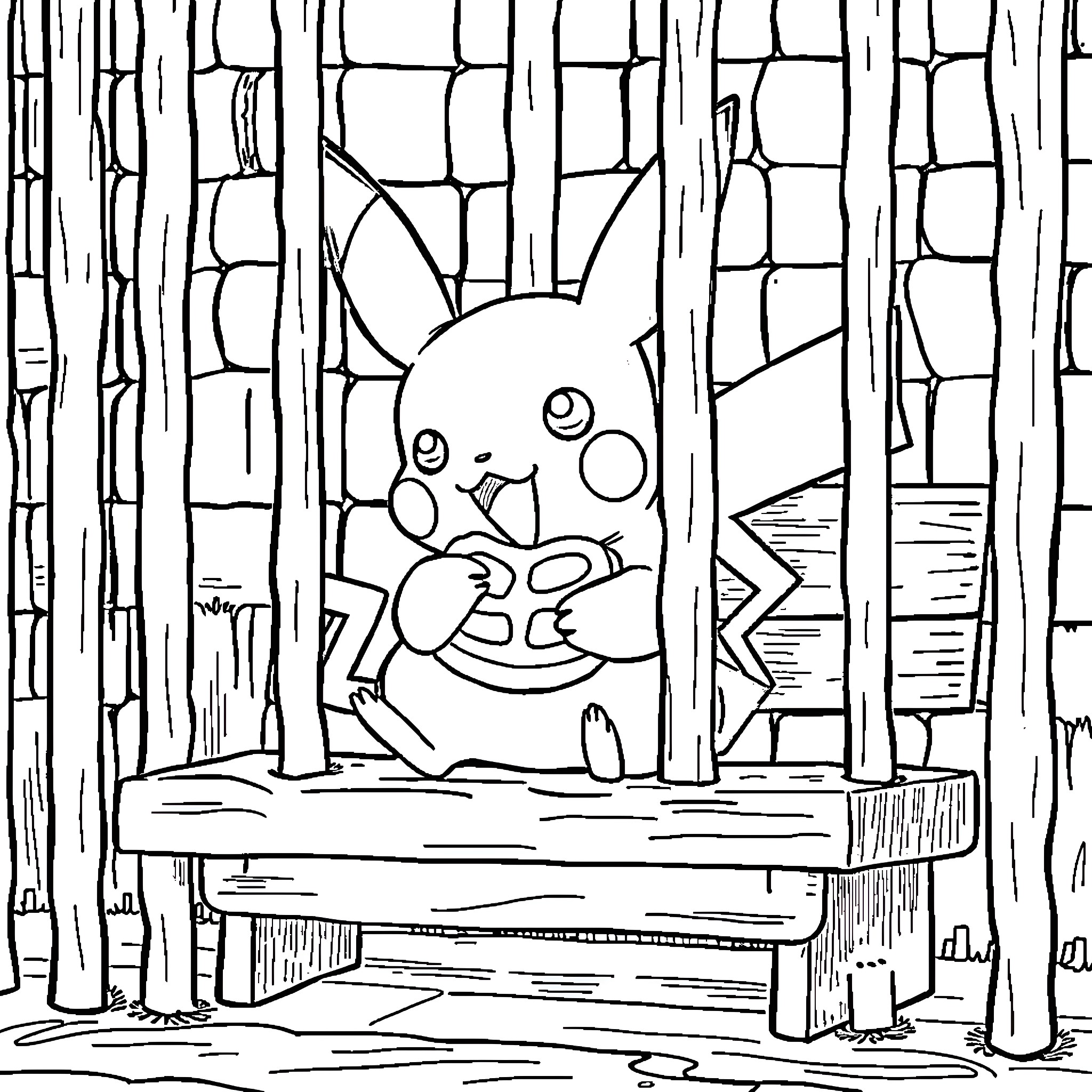 Pikachu relaxing in the forest Coloring Page (free black-and-white line drawing printable PDF for all, from beginners to advanced learners, including children, teens, adults, and seniors)