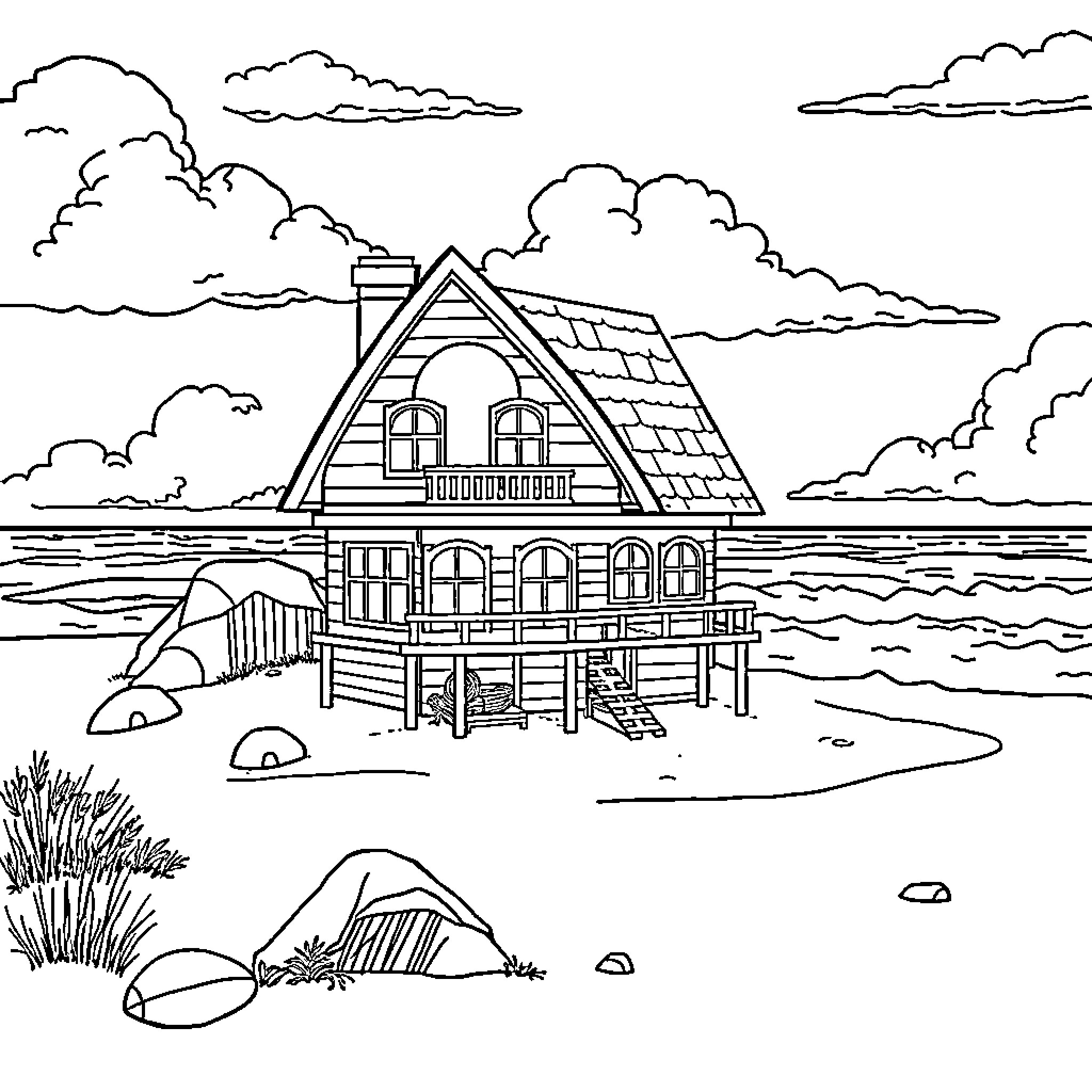 Dollhouse by the Lakeside Retreat Coloring Page (free black-and-white line drawing printable PDF for all, from beginners to advanced learners, including children, teens, adults, and seniors)