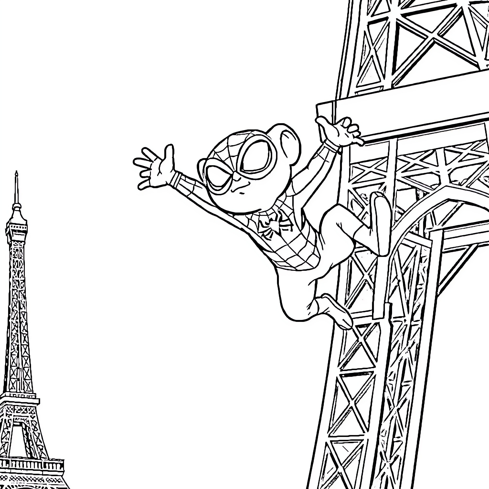 Spider-Man climbing and swinging on a construction crane Coloring Page (free black-and-white line drawing printable PDF for all, from beginners to advanced learners, including children, teens, adults, and seniors)