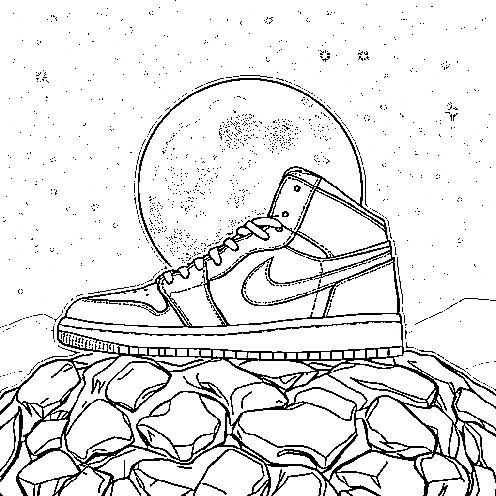 Air Jordan 1 Shoe in Snowy Landscape Coloring Page (free black-and-white line drawing printable PDF for all, from beginners to advanced learners, including children, teens, adults, and seniors)