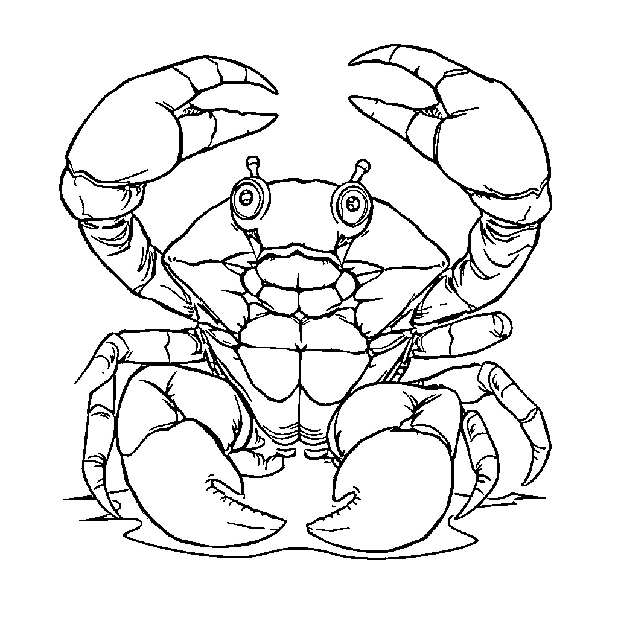 Crab with exaggerated features and posture Coloring Page (free black-and-white line drawing printable PDF for all, from beginners to advanced learners, including children, teens, adults, and seniors)