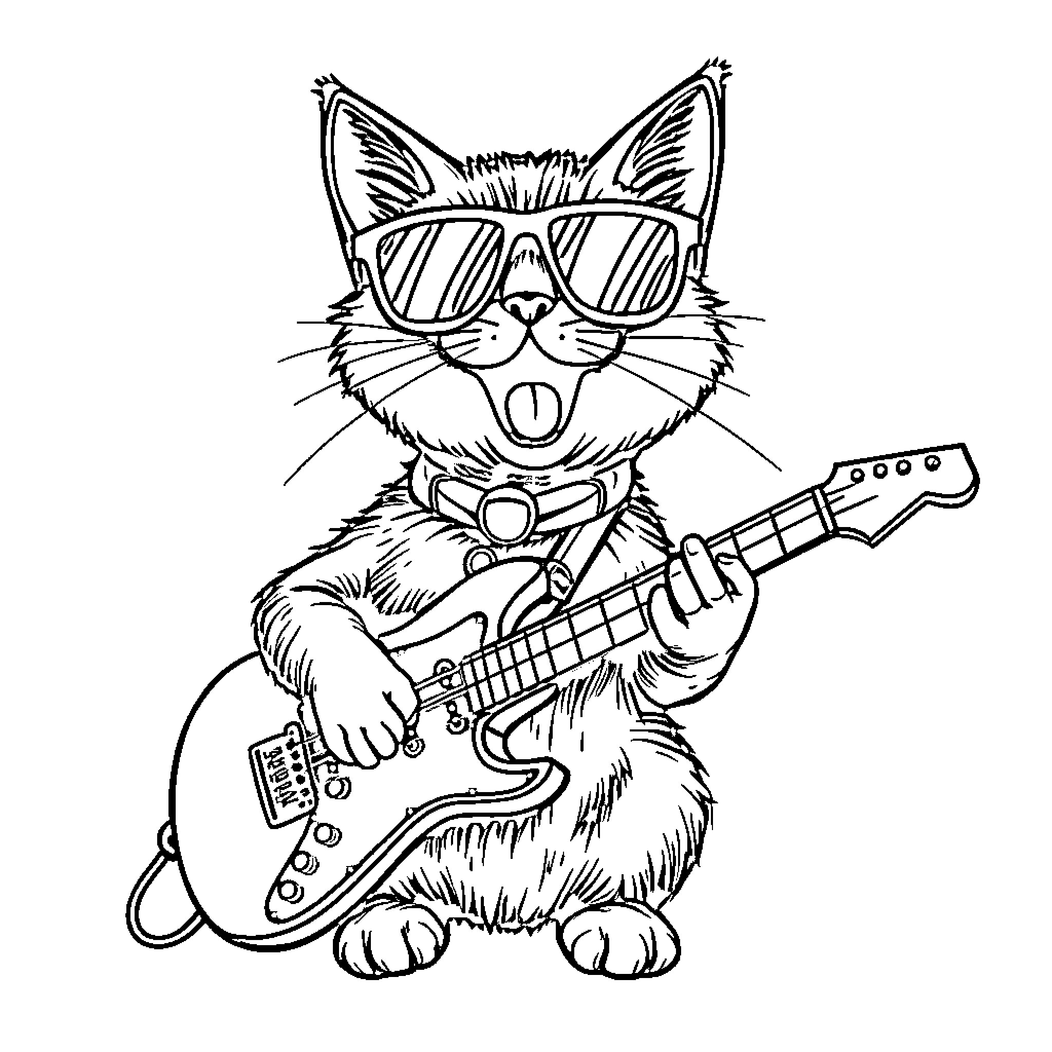 Cat playing guitar in cool glasses Coloring Page (free black-and-white line drawing printable PDF for all, from beginners to advanced learners, including children, teens, adults, and seniors)