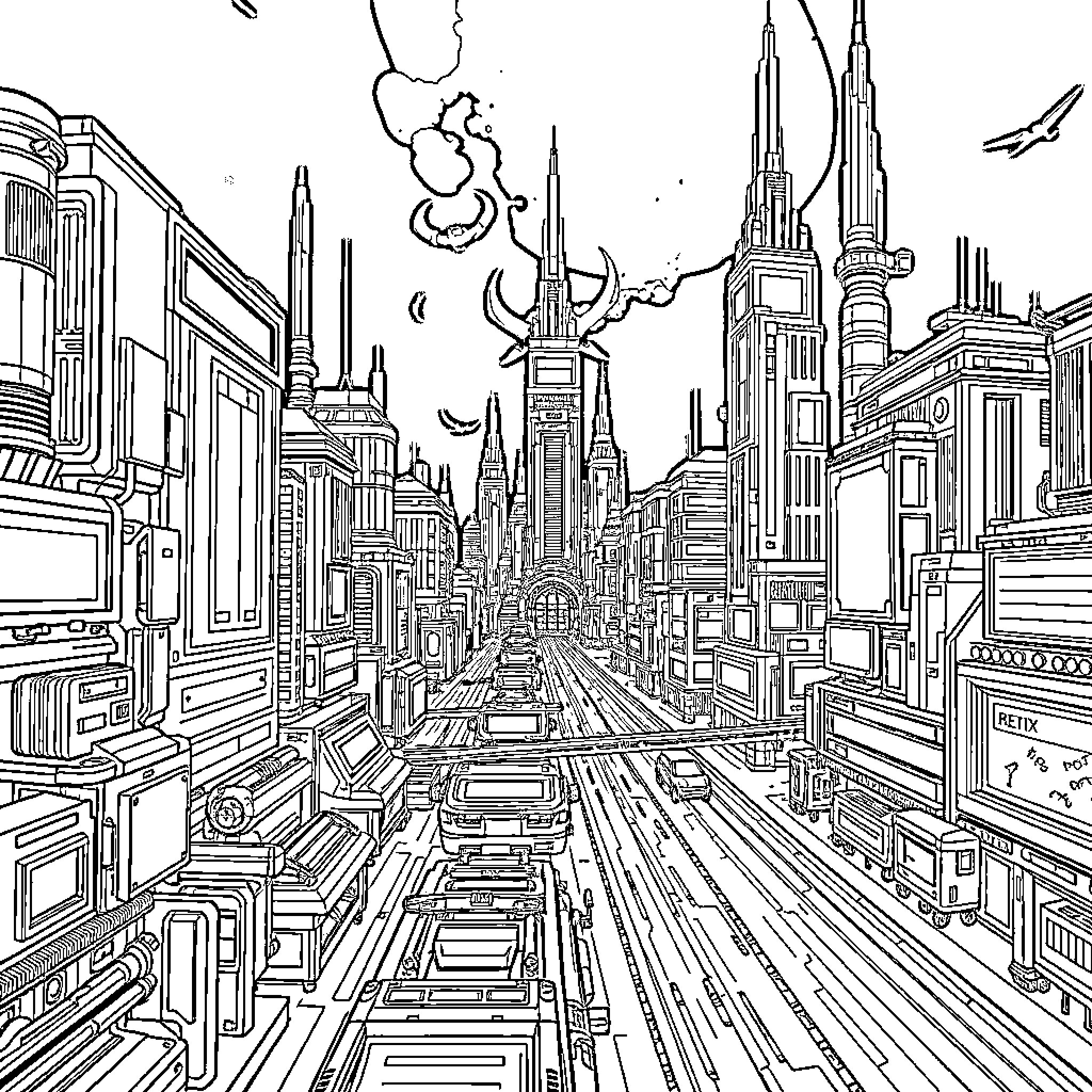 Huntrix: Futuristic City of Towering Structures Coloring Page (free black-and-white line drawing printable PDF for all, from beginners to advanced learners, including children, teens, adults, and seniors)