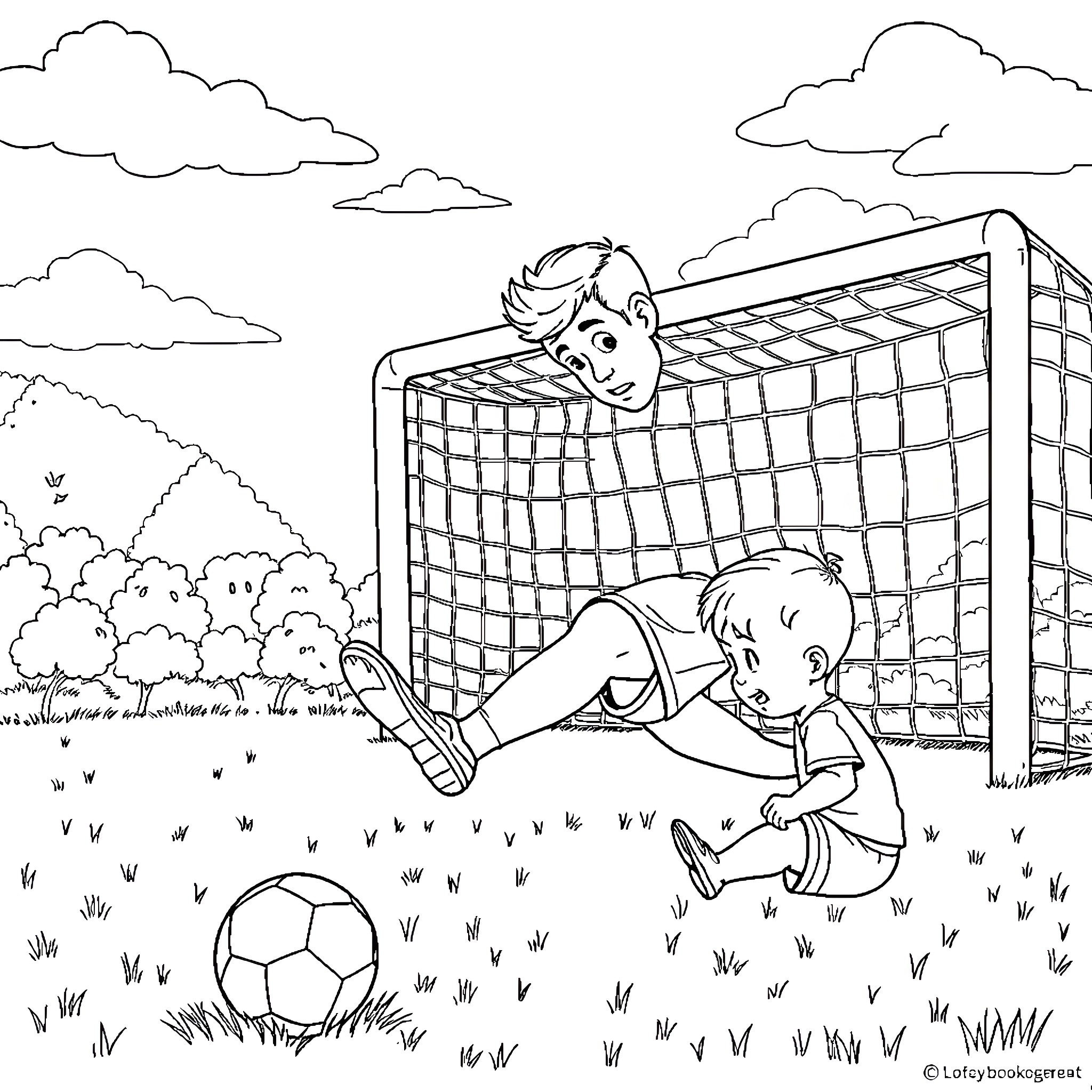 Man playing soccer with a boy in a field Coloring Page (free black-and-white line drawing printable PDF for all, from beginners to advanced learners, including children, teens, adults, and seniors)