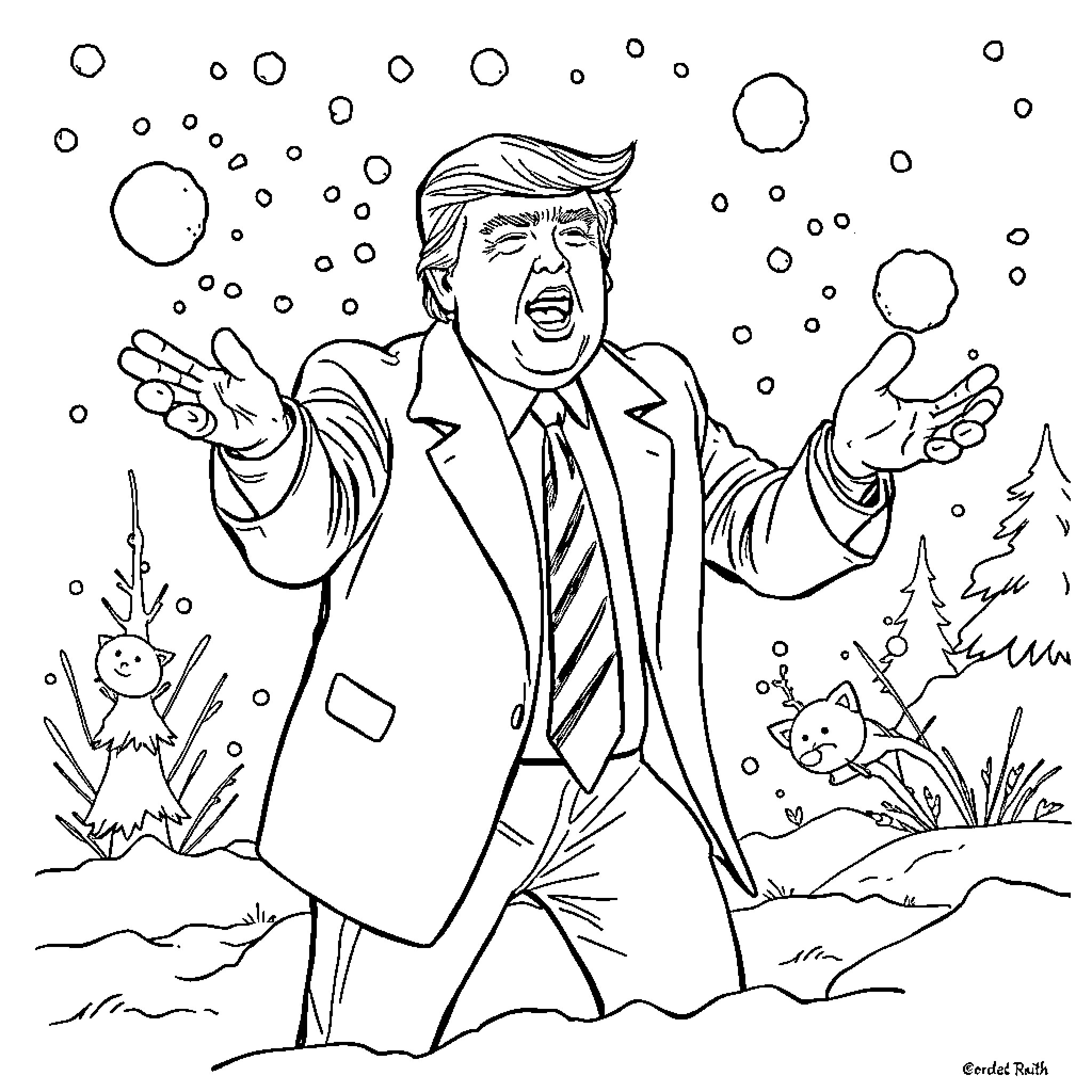 Donald Trump gesturing dramatically in a snowy scene Coloring Page (free black-and-white line drawing printable PDF for all, from beginners to advanced learners, including children, teens, adults, and seniors)
