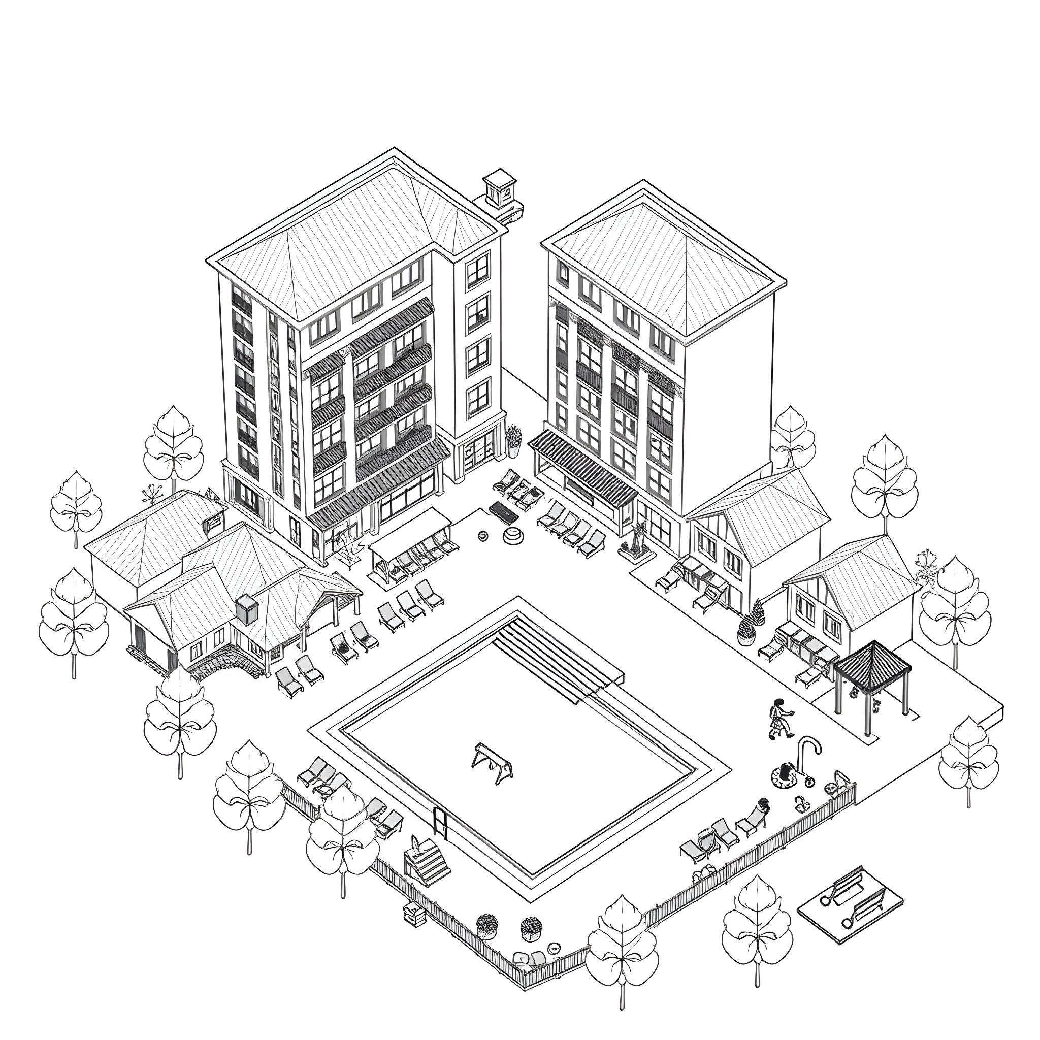 Apartment building with outdoor amenities and pedestrians Coloring Page (free black-and-white line drawing printable PDF for all, from beginners to advanced learners, including children, teens, adults, and seniors)
