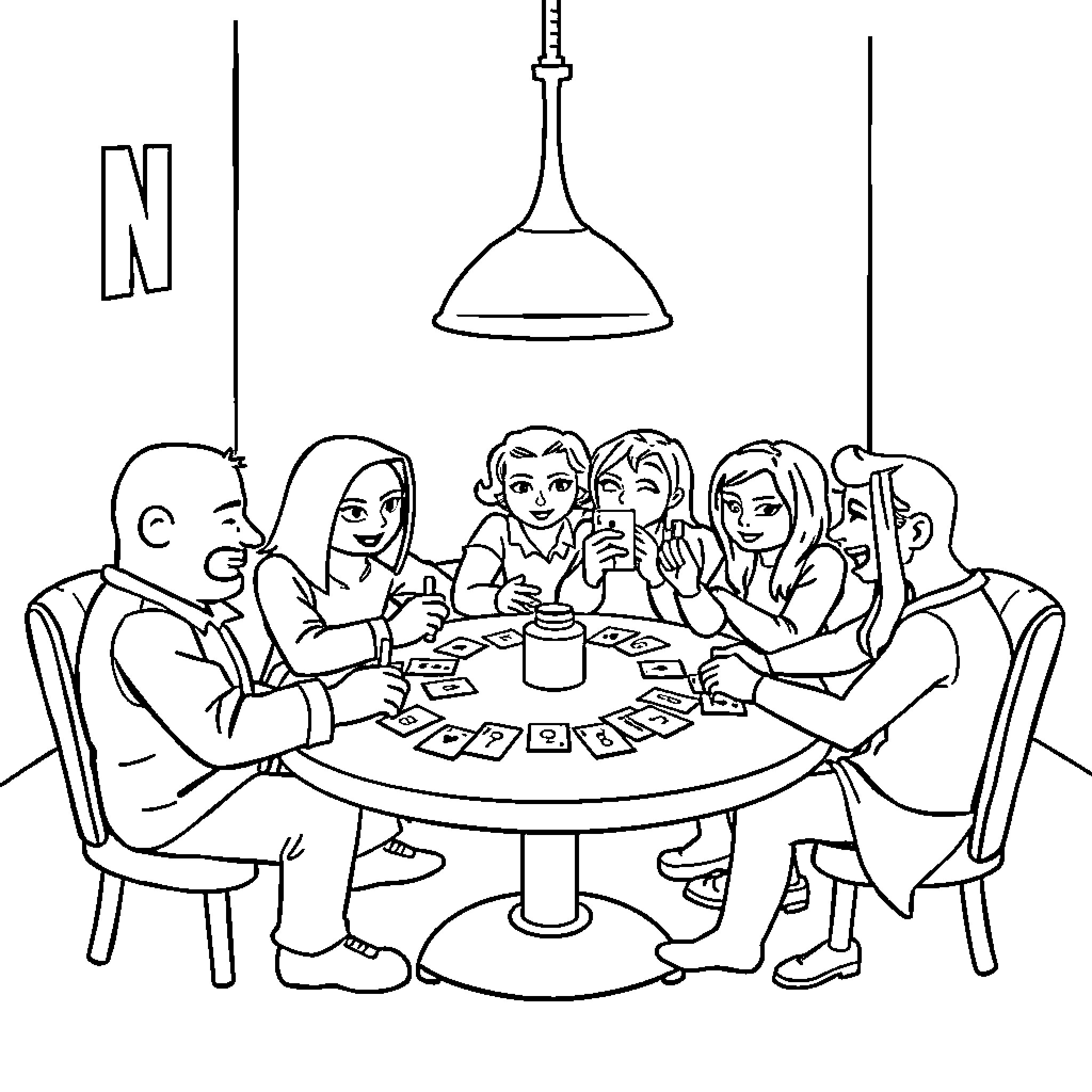 Logo for friends playing card games around table Coloring Page (free black-and-white line drawing printable PDF for all, from beginners to advanced learners, including children, teens, adults, and seniors)