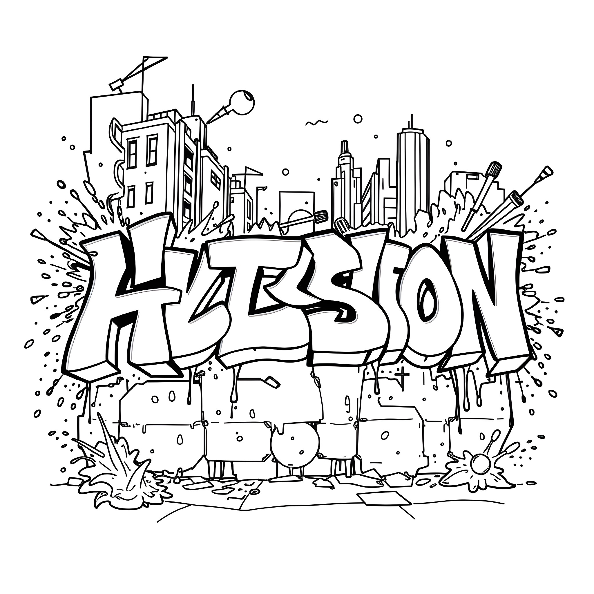 Text depicting an urban graffiti scene Coloring Page (free black-and-white line drawing printable PDF for all, from beginners to advanced learners, including children, teens, adults, and seniors)