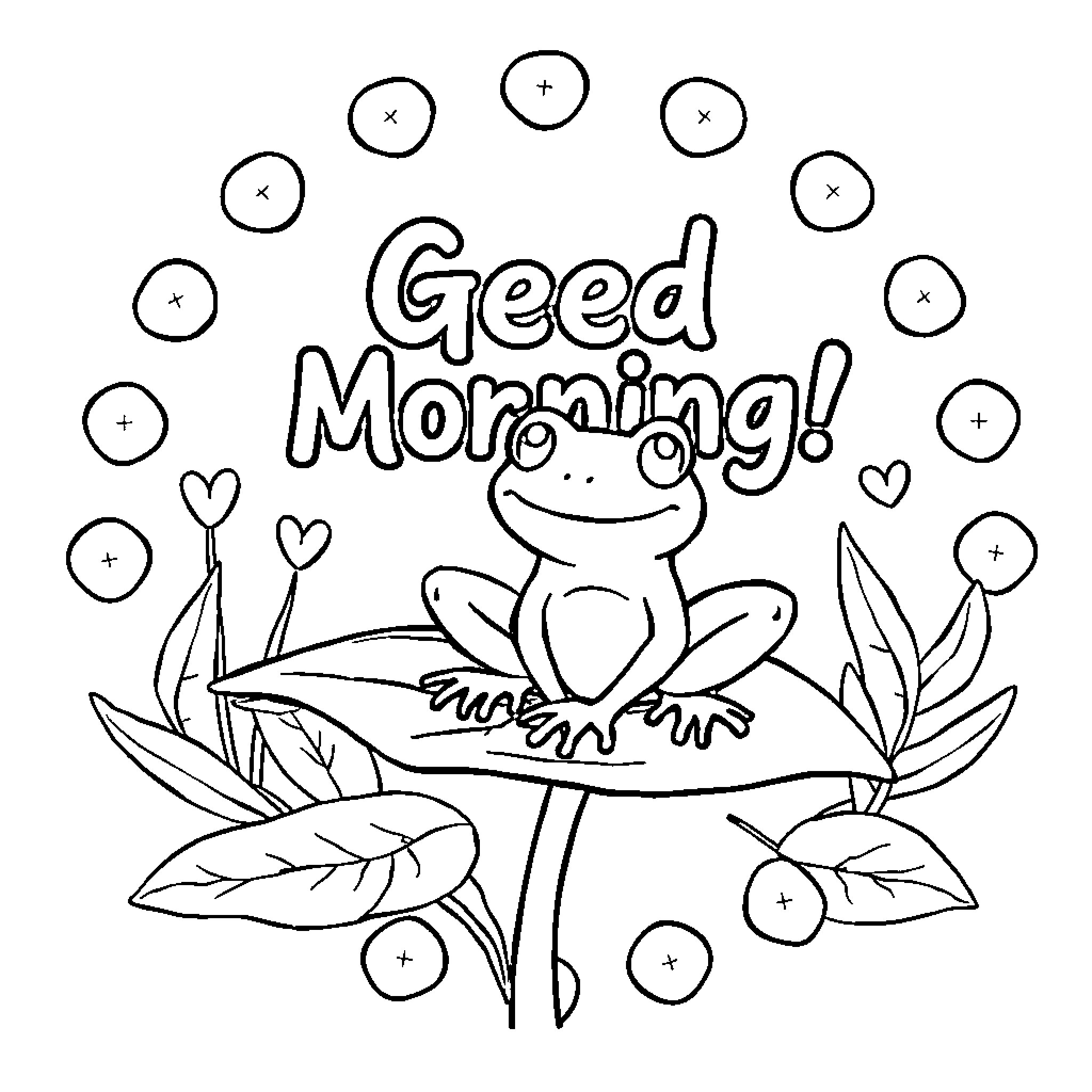 Frog greeting a good morning Coloring Page (free black-and-white line drawing printable PDF for all, from beginners to advanced learners, including children, teens, adults, and seniors)