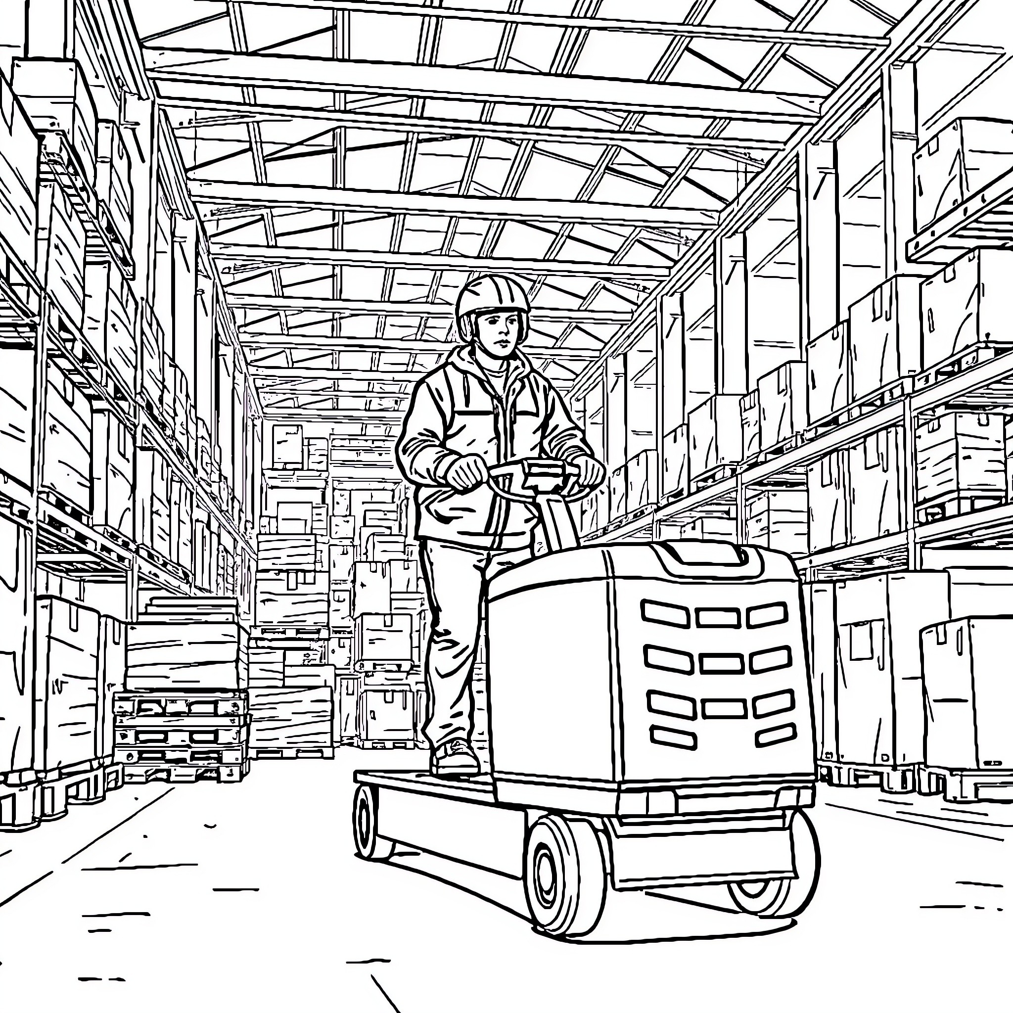 Forklift operator in a busy warehouse Coloring Page (free black-and-white line drawing printable PDF for all, from beginners to advanced learners, including children, teens, adults, and seniors)