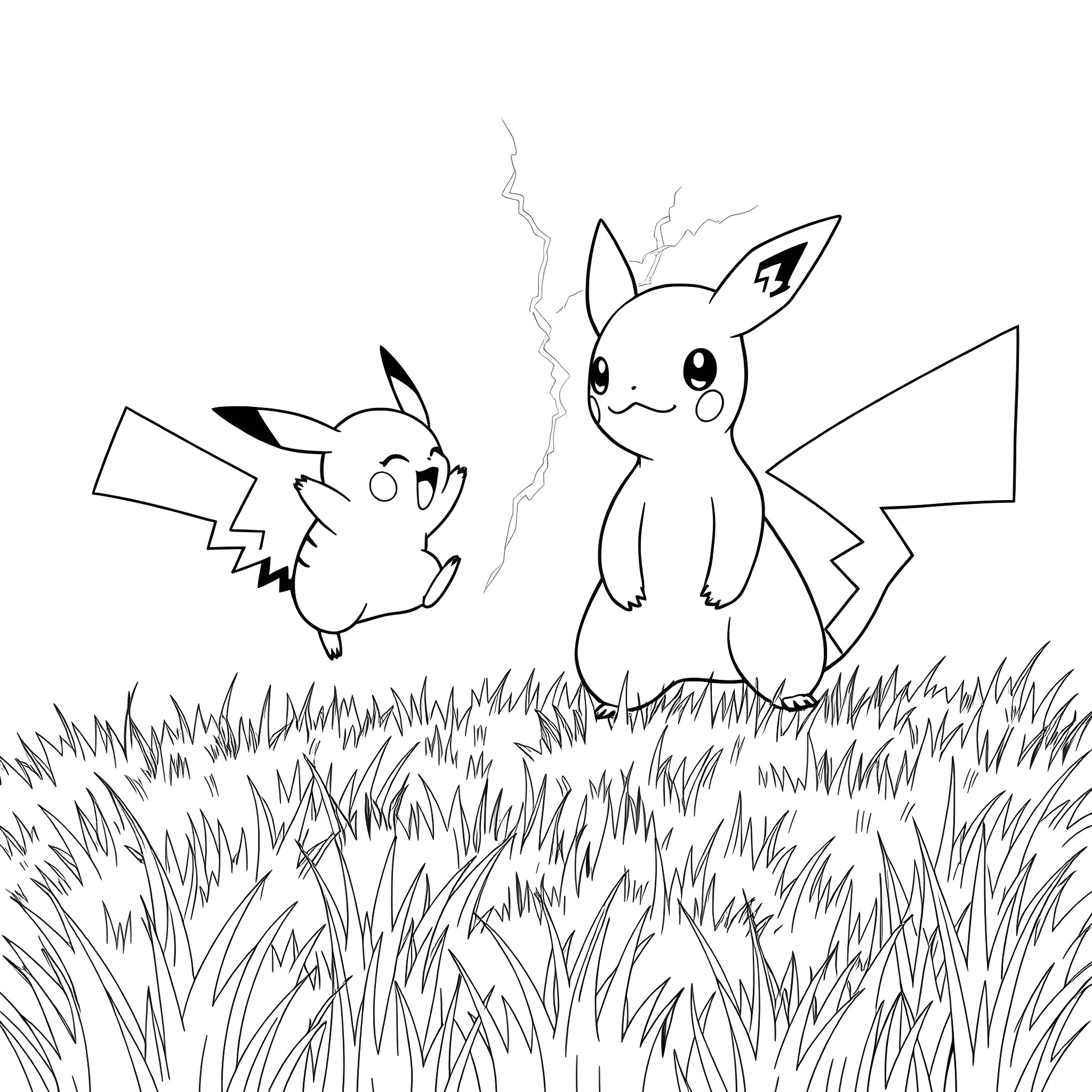 Pikachu playing together in the grassy field Coloring Page (free black-and-white line drawing printable PDF for all, from beginners to advanced learners, including children, teens, adults, and seniors)