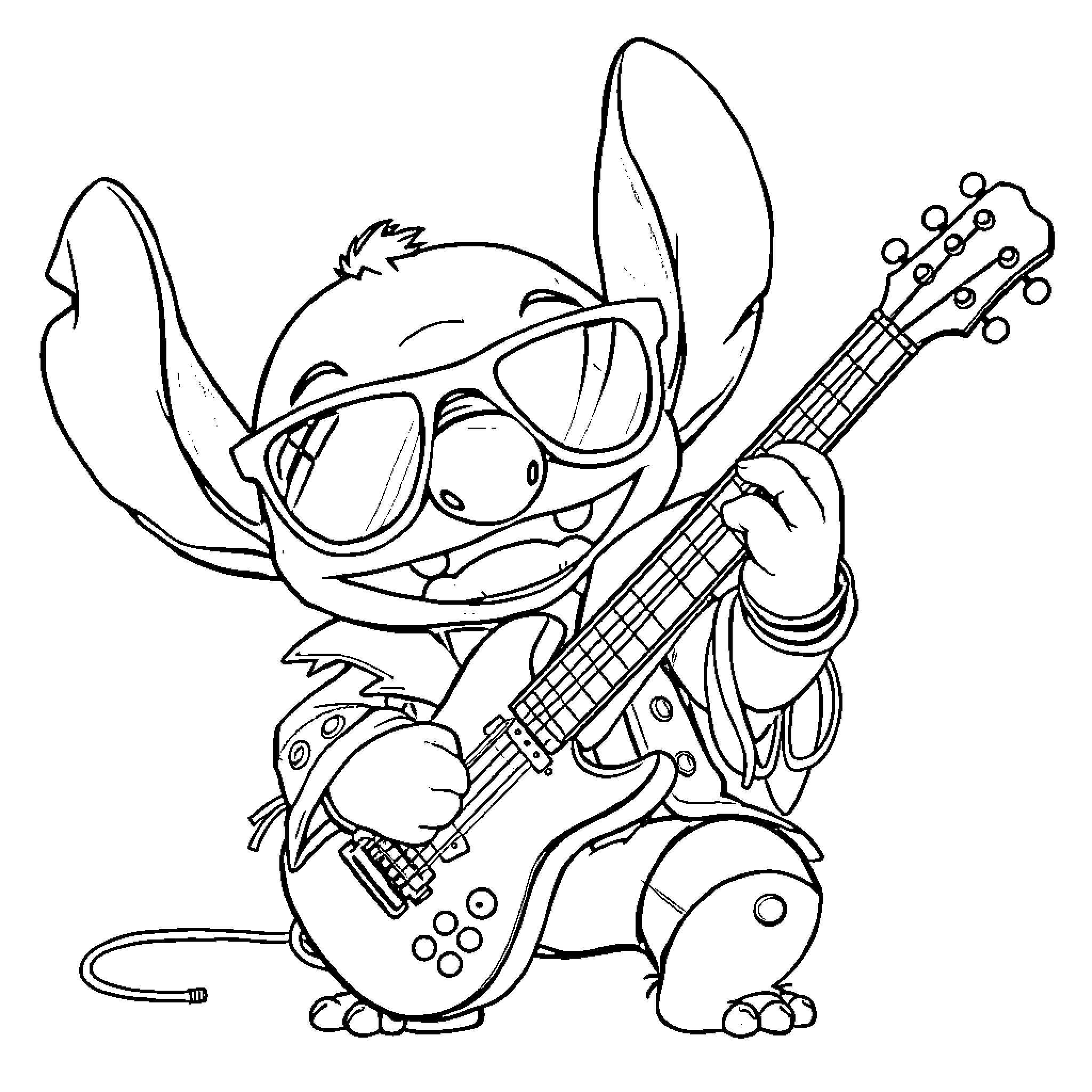 Stitch playing the guitar with silly expression Coloring Page (free black-and-white line drawing printable PDF for all, from beginners to advanced learners, including children, teens, adults, and seniors)