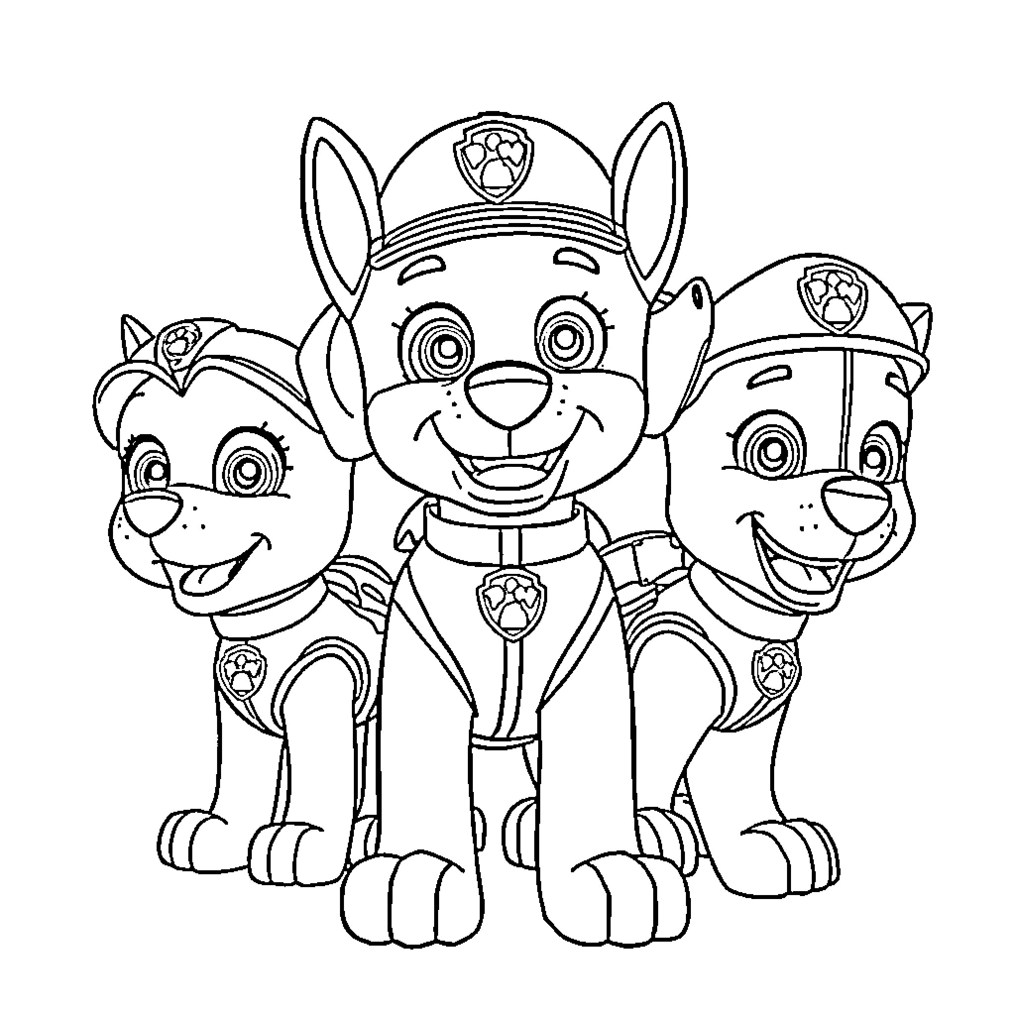 Patrol Team of Cartoon Canines Coloring Page (free black-and-white line drawing printable PDF for all, from beginners to advanced learners, including children, teens, adults, and seniors)