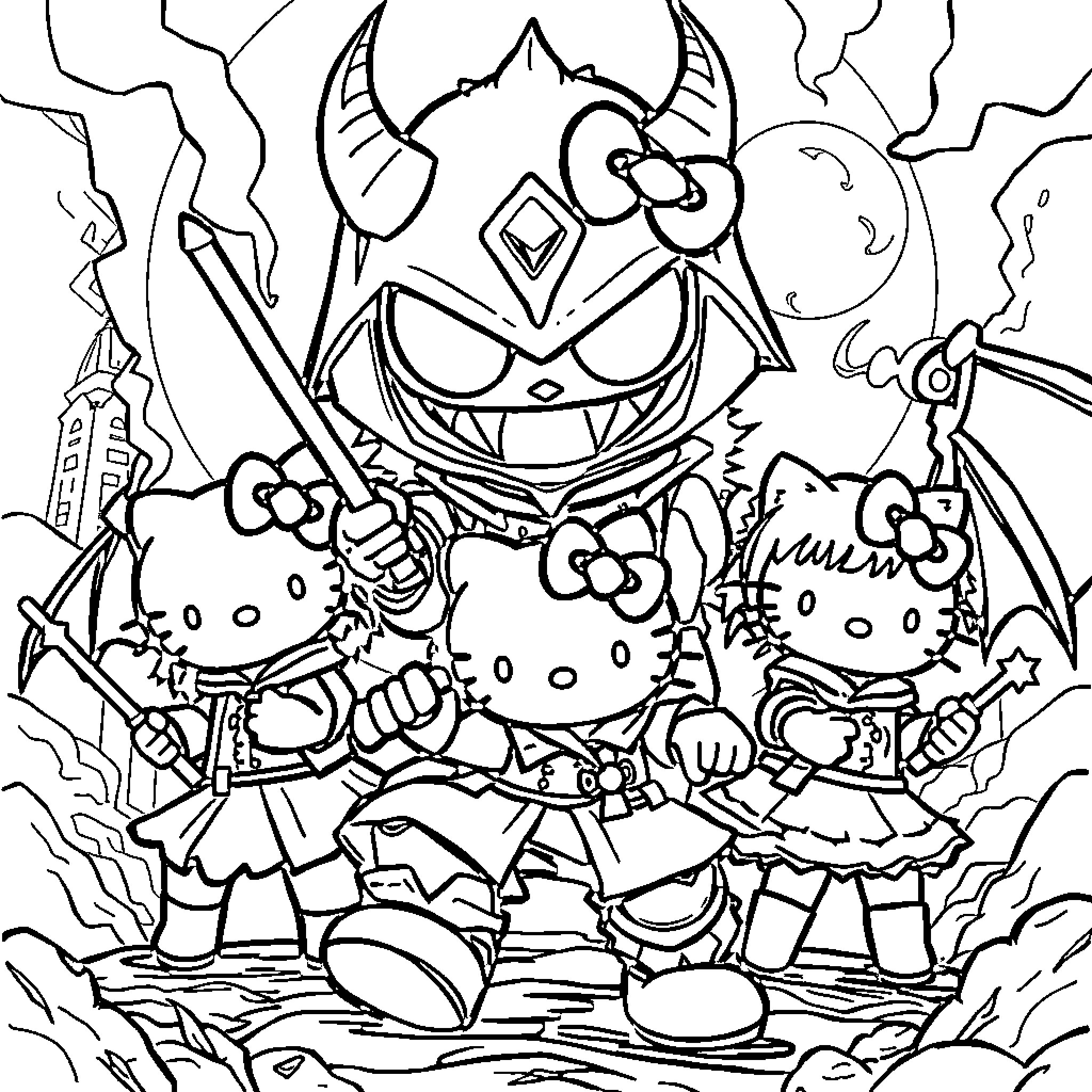 Demon Hunter Battles Fearsome Foes in Mythical Realm Coloring Page (free black-and-white line drawing printable PDF for all, from beginners to advanced learners, including children, teens, adults, and seniors)