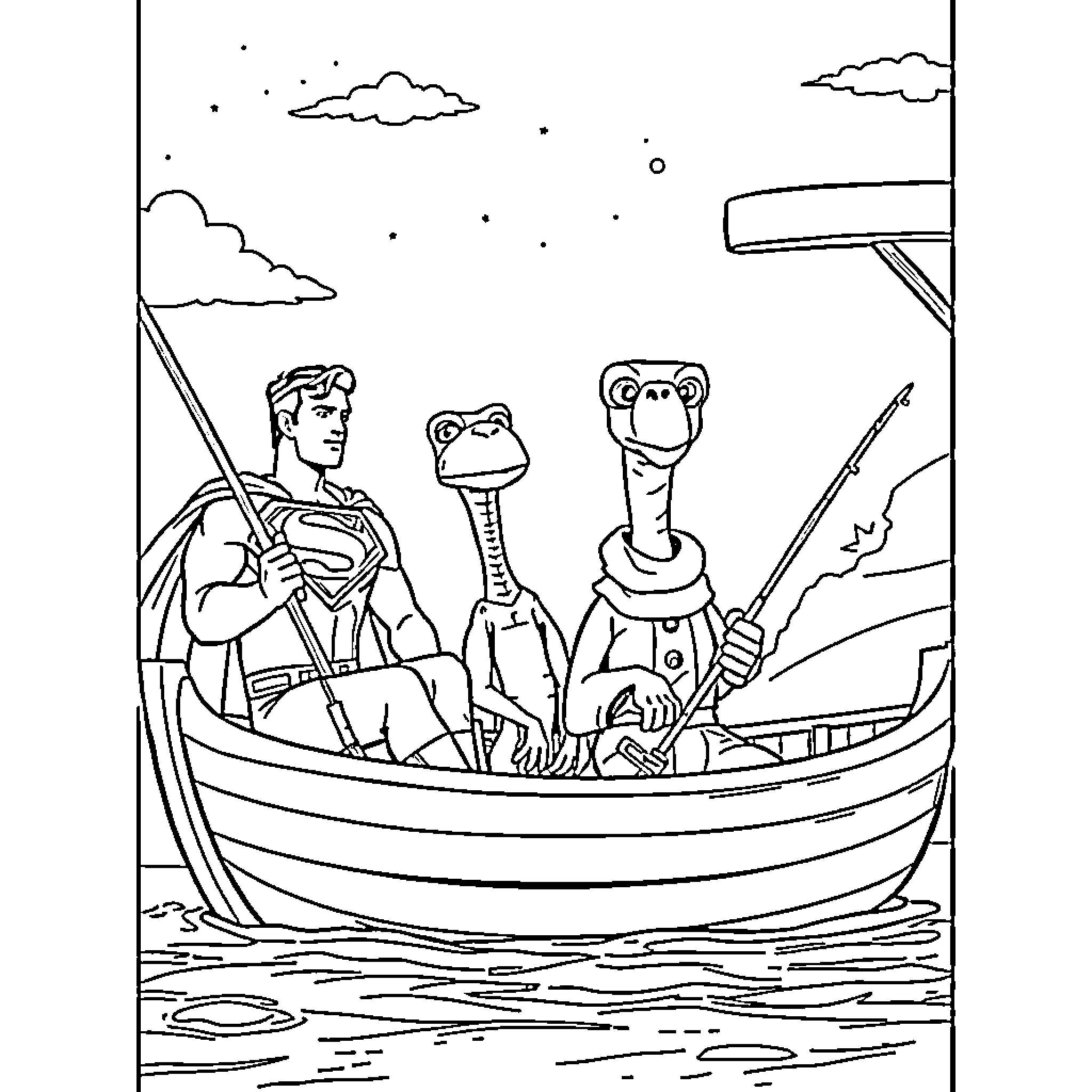 Superman and animal friends in a boat adventure Coloring Page (free black-and-white line drawing printable PDF for all, from beginners to advanced learners, including children, teens, adults, and seniors)