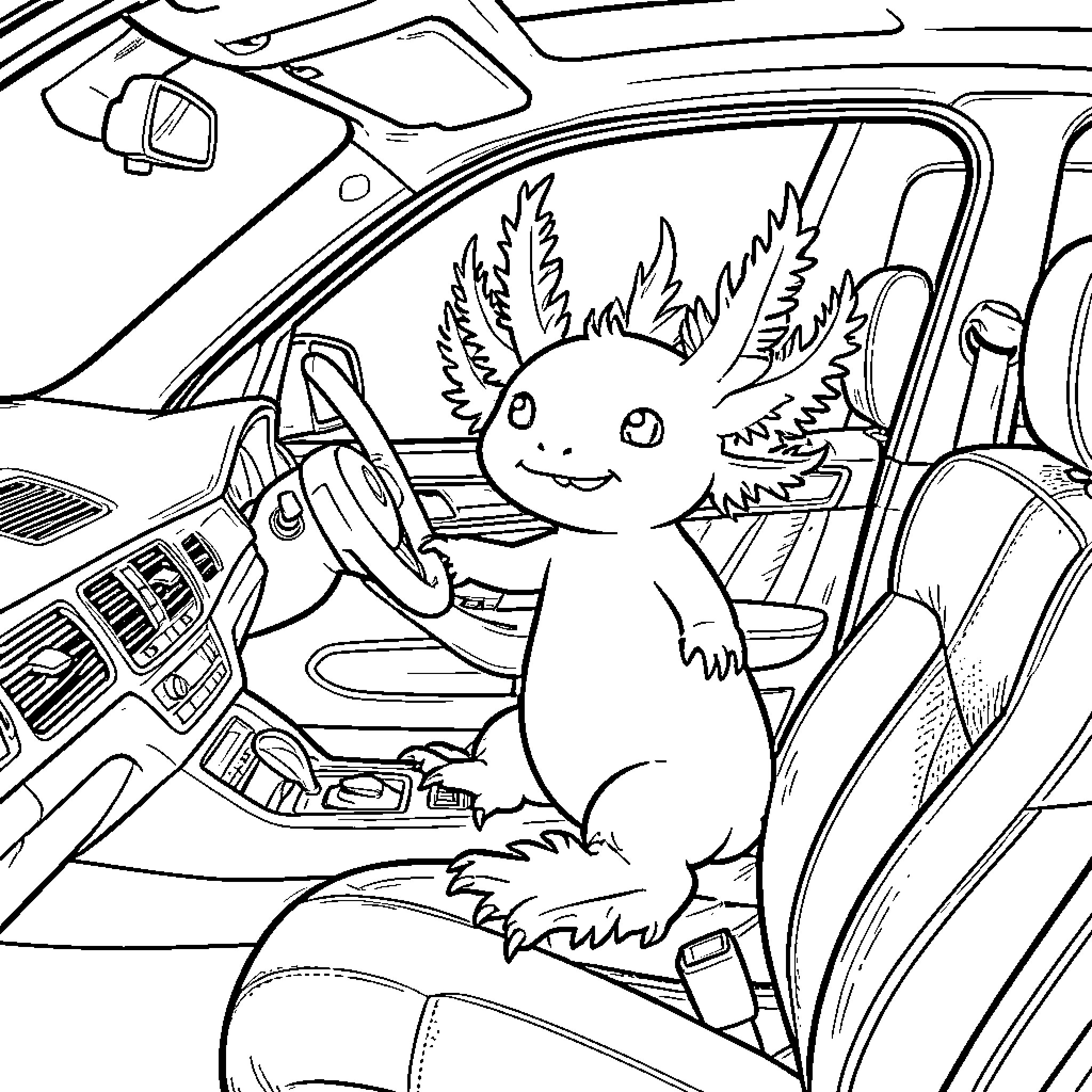 Axolotl sitting happily in the driver seat of a car Coloring Page (free black-and-white line drawing printable PDF for all, from beginners to advanced learners, including children, teens, adults, and seniors)