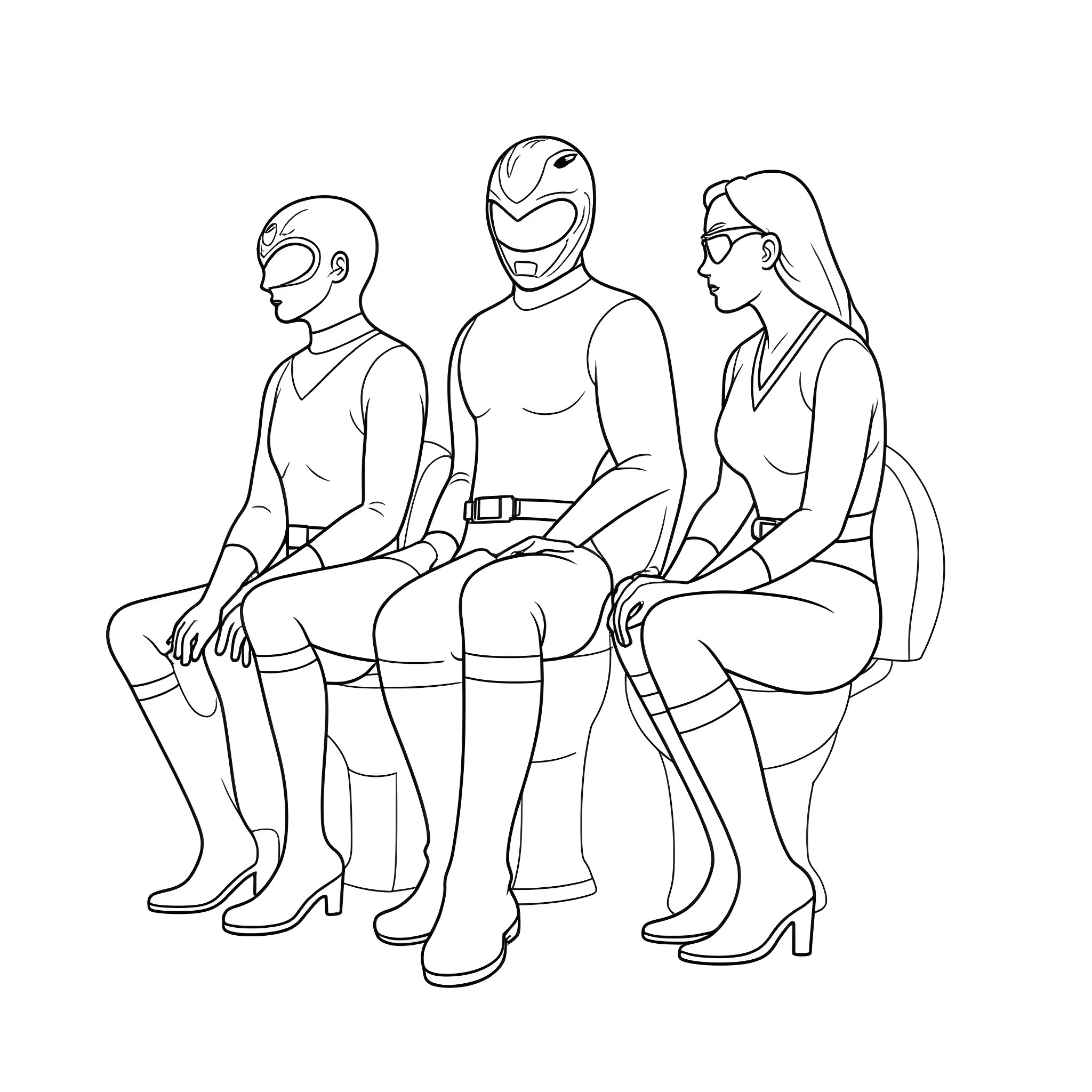 Power Rangers Sitting Together in Uniform Coloring Page (free black-and-white line drawing printable PDF for all, from beginners to advanced learners, including children, teens, adults, and seniors)