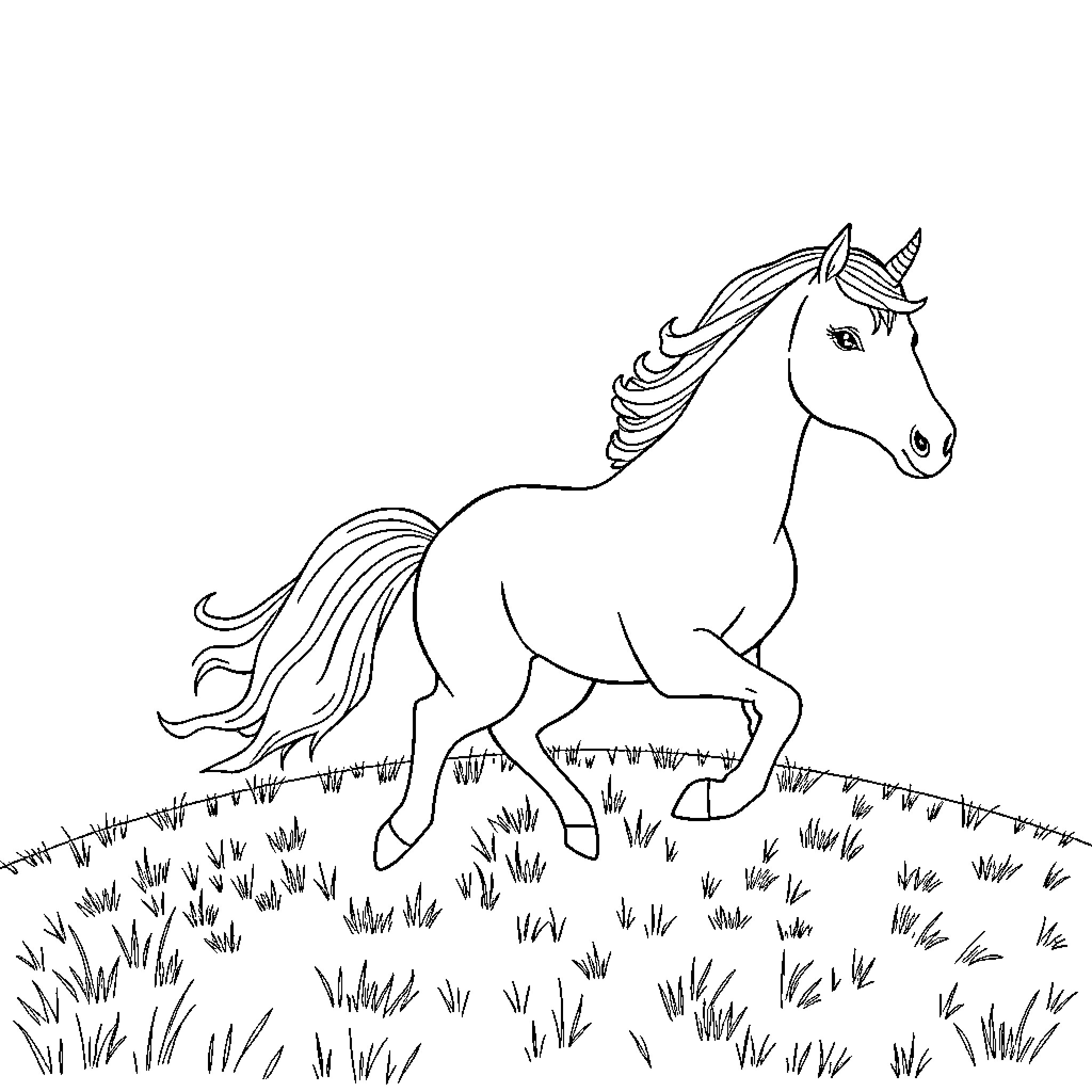 Unicorn galloping freely through the meadow Coloring Page (free black-and-white line drawing printable PDF for all, from beginners to advanced learners, including children, teens, adults, and seniors)