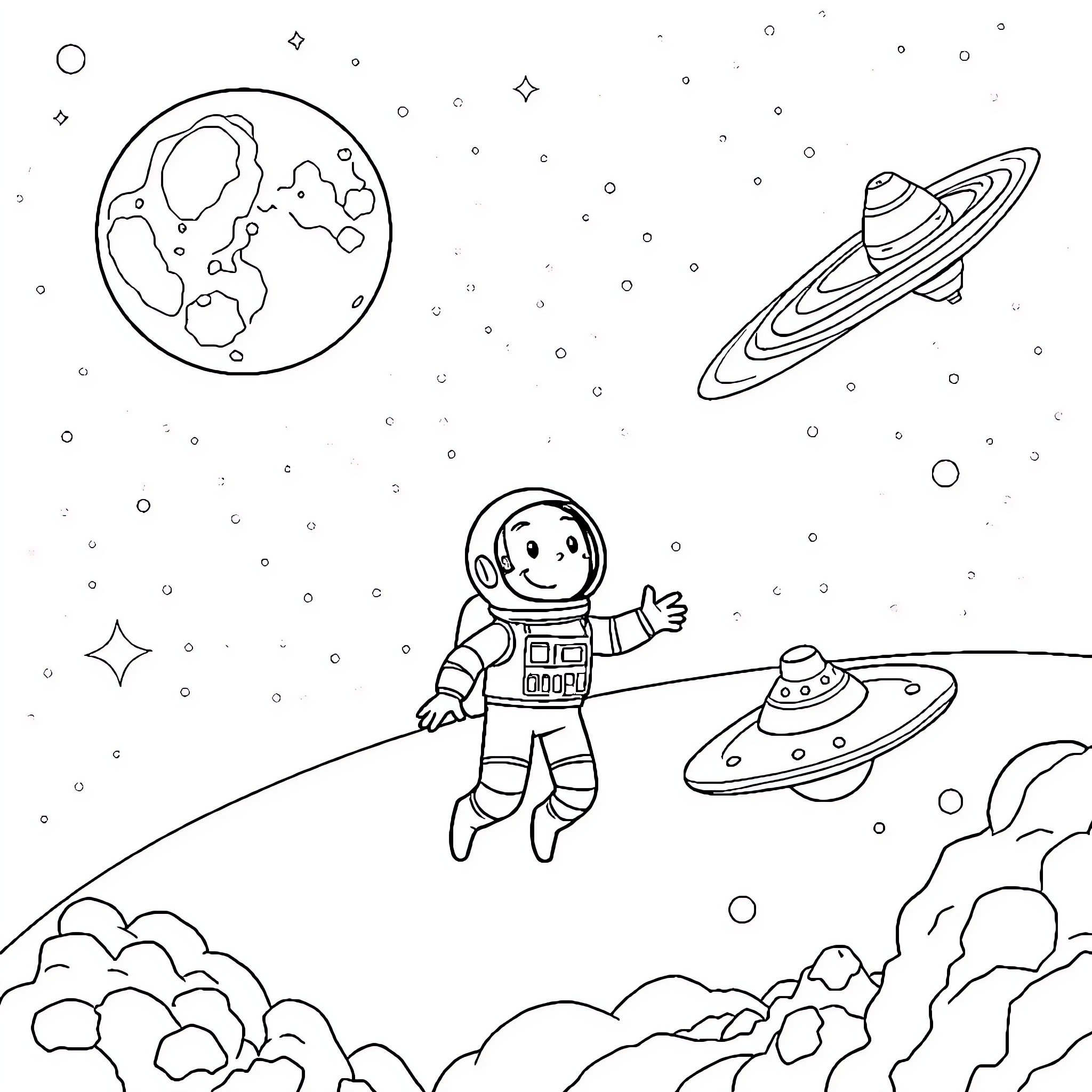 Astronaut exploring the intergalactic space Coloring Page (free black-and-white line drawing printable PDF for all, from beginners to advanced learners, including children, teens, adults, and seniors)
