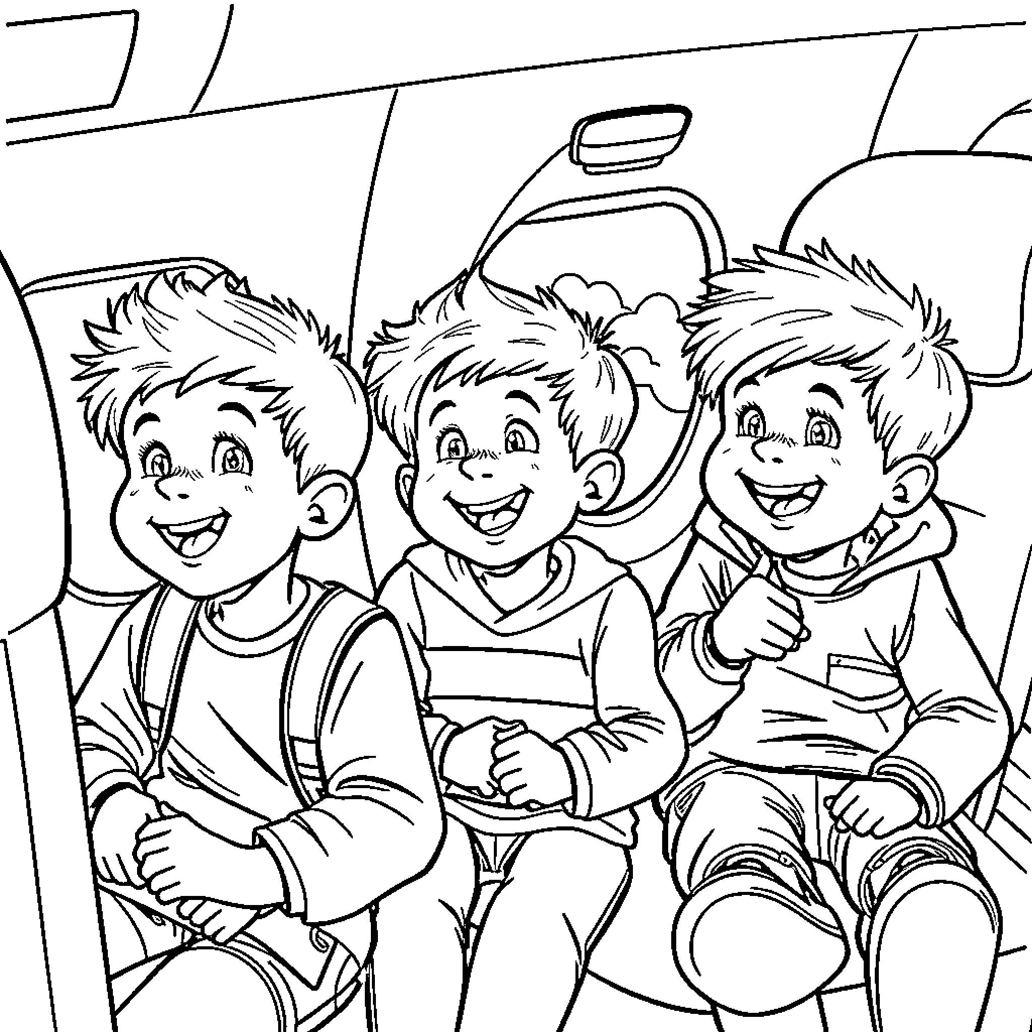 Boy Enjoying Ride with Friends on Bus Coloring Page (free black-and-white line drawing printable PDF for all, from beginners to advanced learners, including children, teens, adults, and seniors)