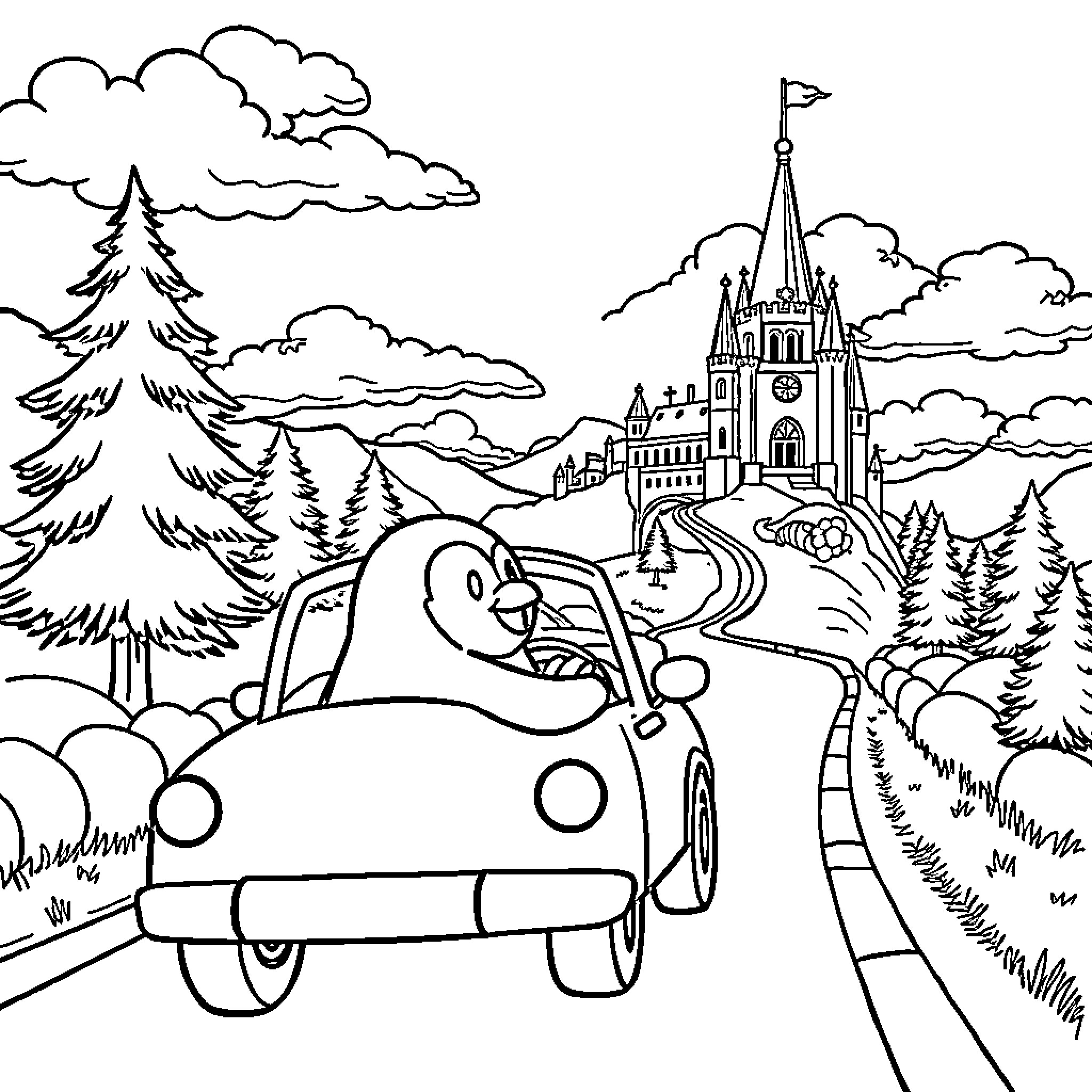Penguin driving towards a castle in a mountainous landscape Coloring Page (free black-and-white line drawing printable PDF for all, from beginners to advanced learners, including children, teens, adults, and seniors)