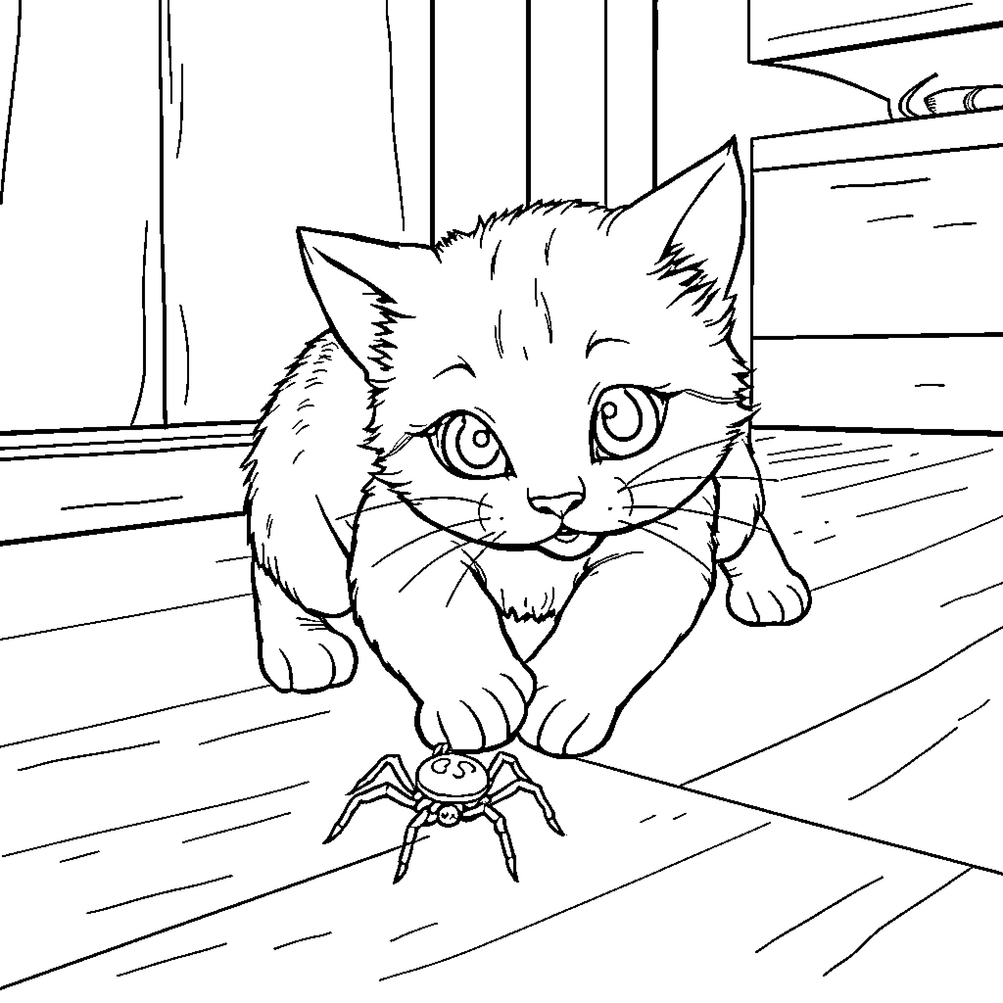 Cat Cautiously Inspecting Small Creature Coloring Page (free black-and-white line drawing printable PDF for all, from beginners to advanced learners, including children, teens, adults, and seniors)