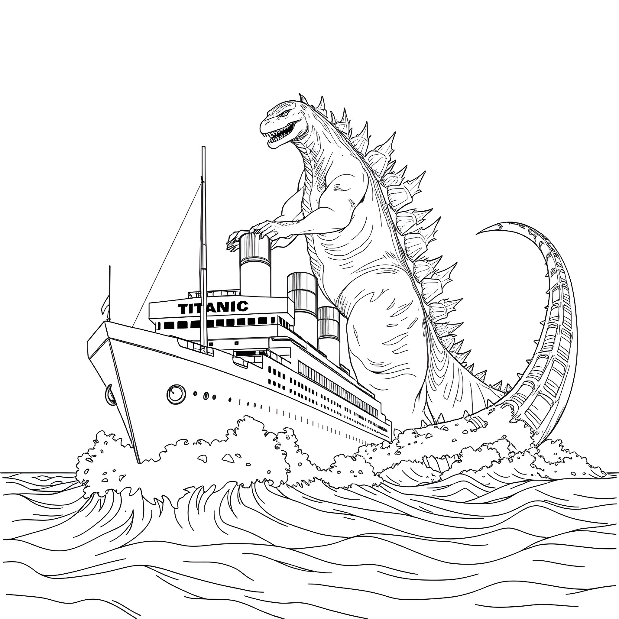 Titanic ship sinking amidst a giant monster attack Coloring Page (free black-and-white line drawing printable PDF for all, from beginners to advanced learners, including children, teens, adults, and seniors)