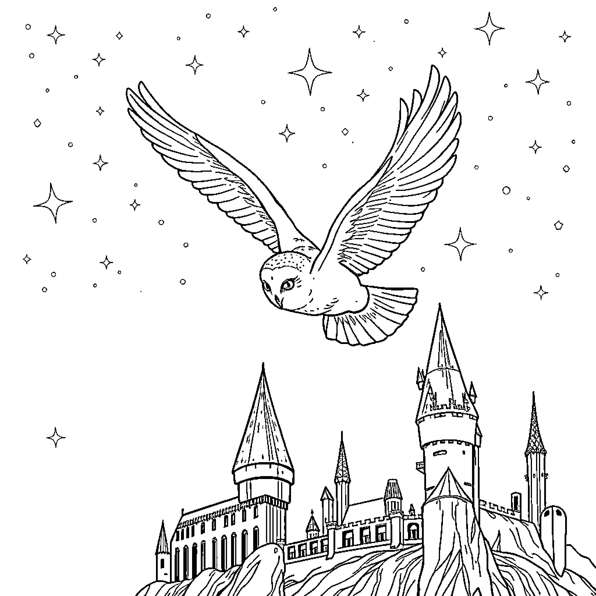 Hedwig soaring over the magical castle Coloring Page (free black-and-white line drawing printable PDF for all, from beginners to advanced learners, including children, teens, adults, and seniors)